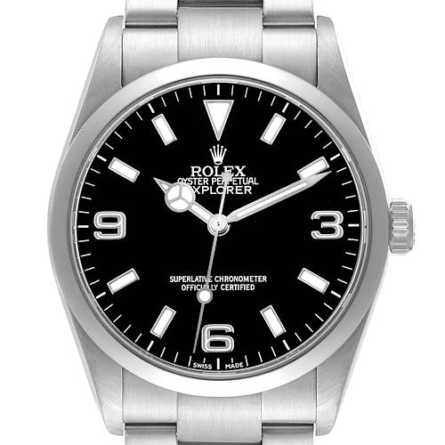 The Rolex Explorer watch is shown from a front angle, displaying the face, bezel, and part of the bracelet.