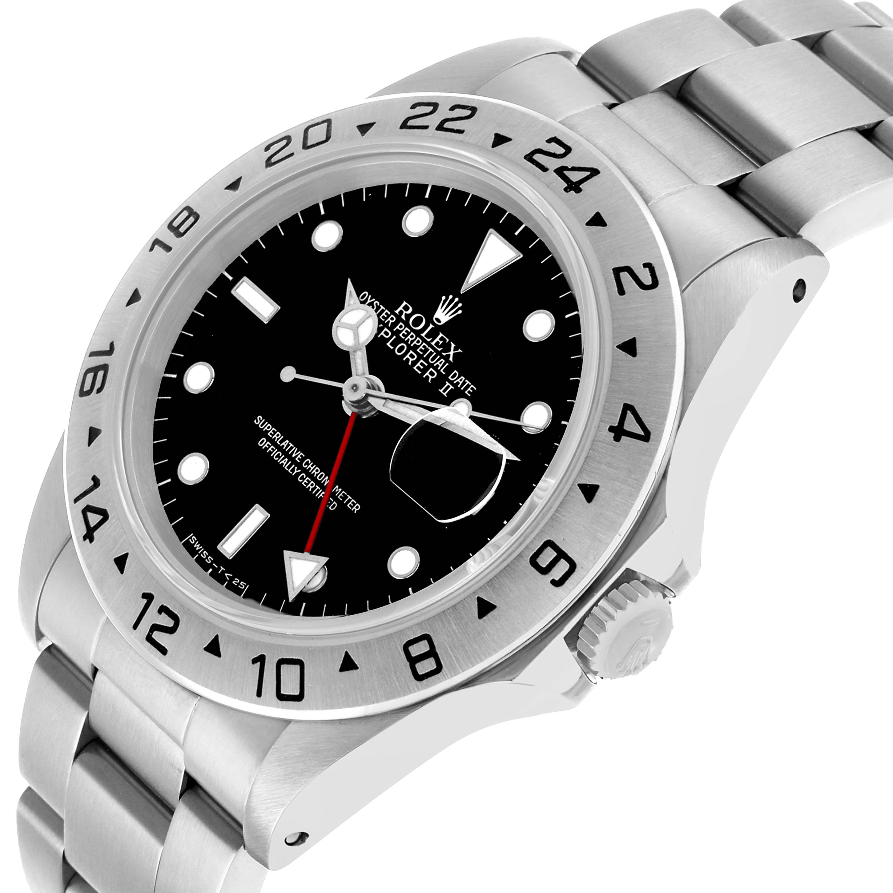 The Rolex Explorer 16570 Men's Stainless Steel Black Dial model is shown at an angle displaying the face, bezel, crown, and bracelet in a detailed side view.