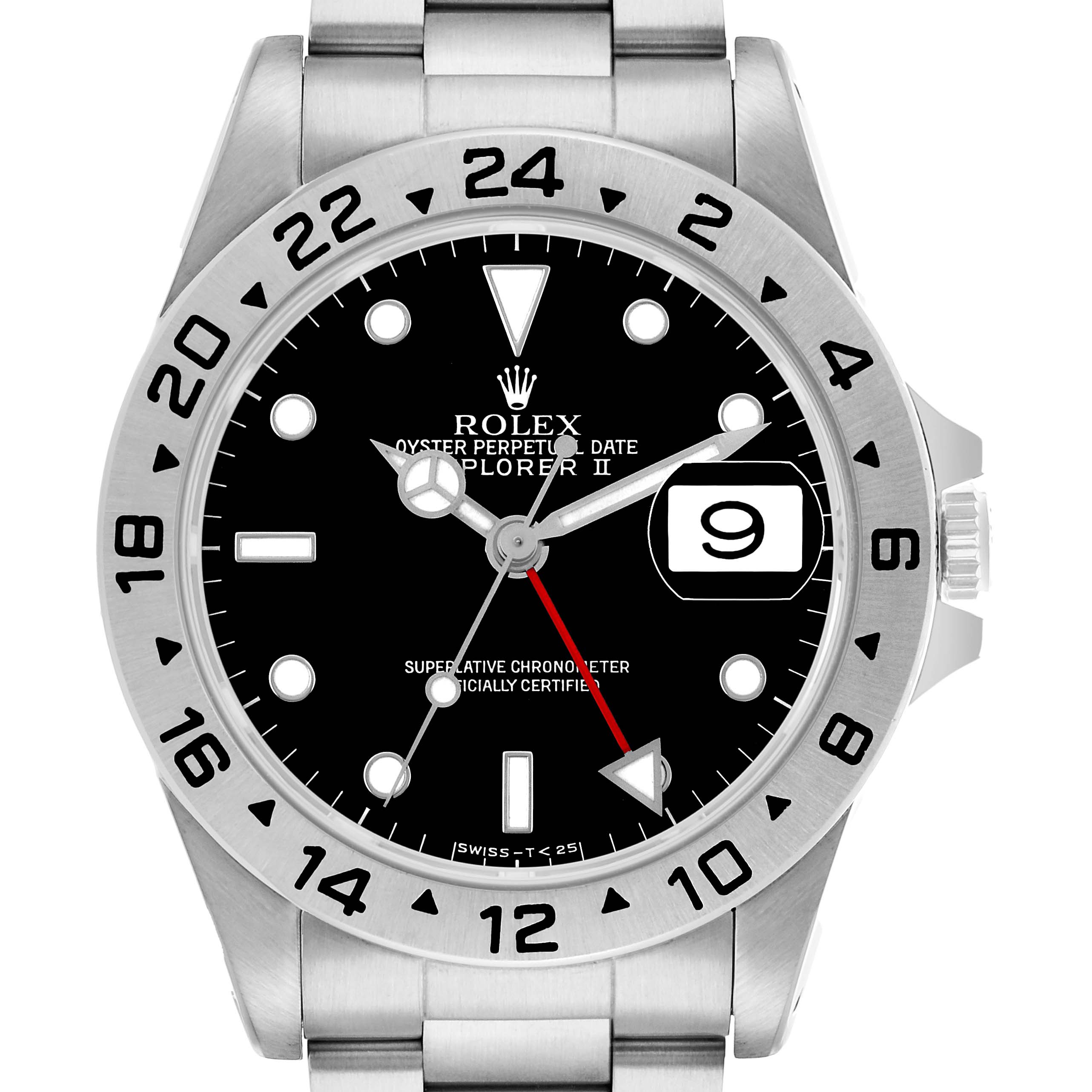 The Rolex Explorer 16570 Men's Stainless Steel Black Dial II watch is shown from the front, highlighting the dial, hands, bezel, date window, and bracelet.