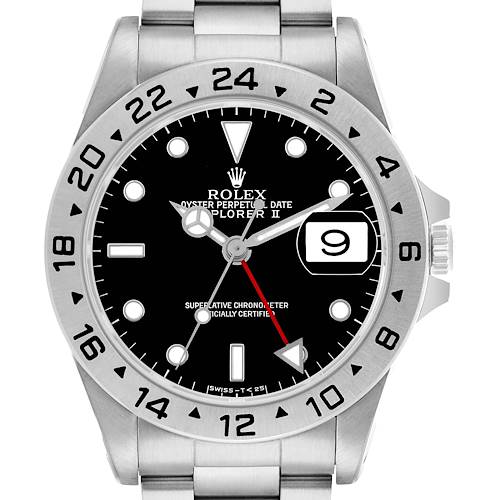 The Rolex Explorer 16570 Men's Stainless Steel Black Dial II watch is shown from the front, displaying the dial, bezel, hands, date window, and part of the bracelet.