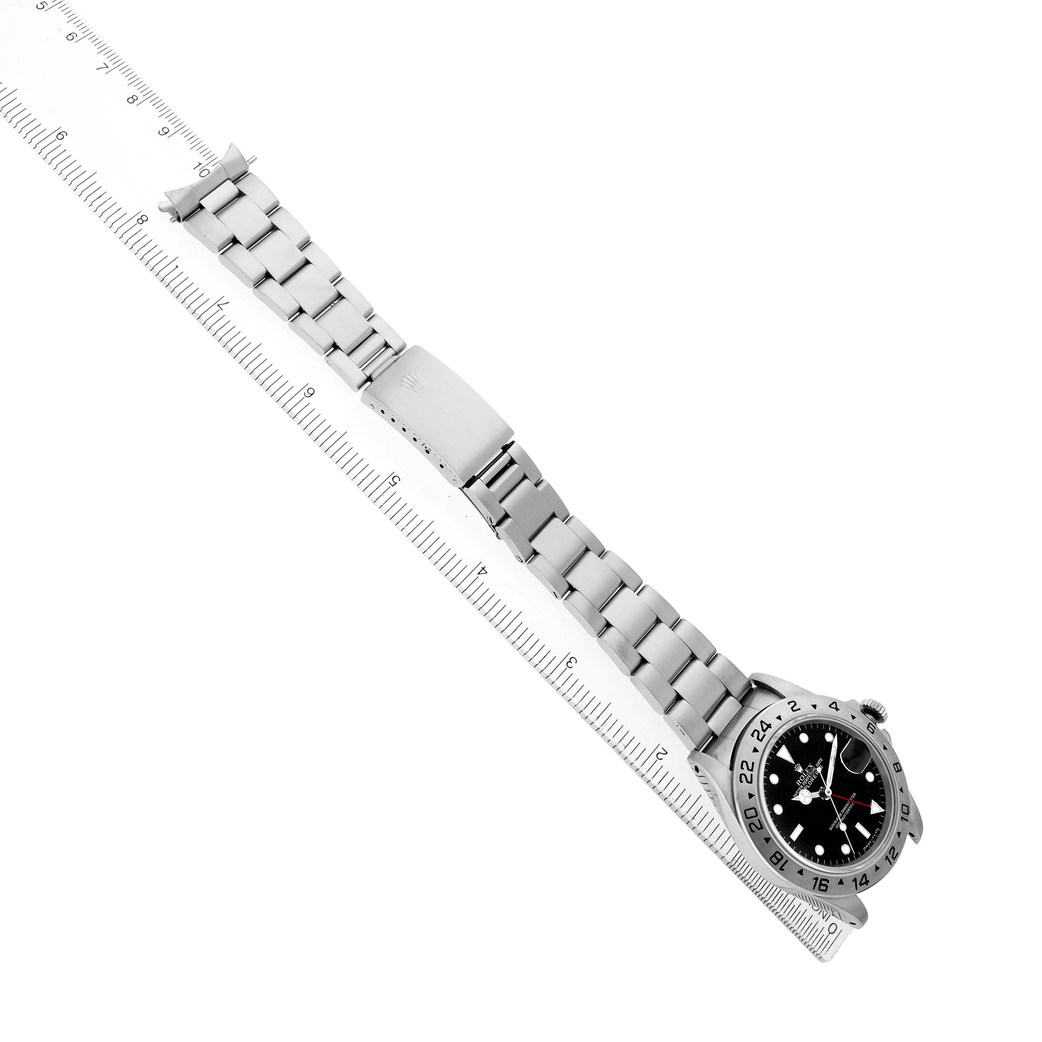 The Rolex Explorer 16570 Men's Stainless Steel Black Dial watch is shown diagonally, displaying the full bracelet, clasp, and face.