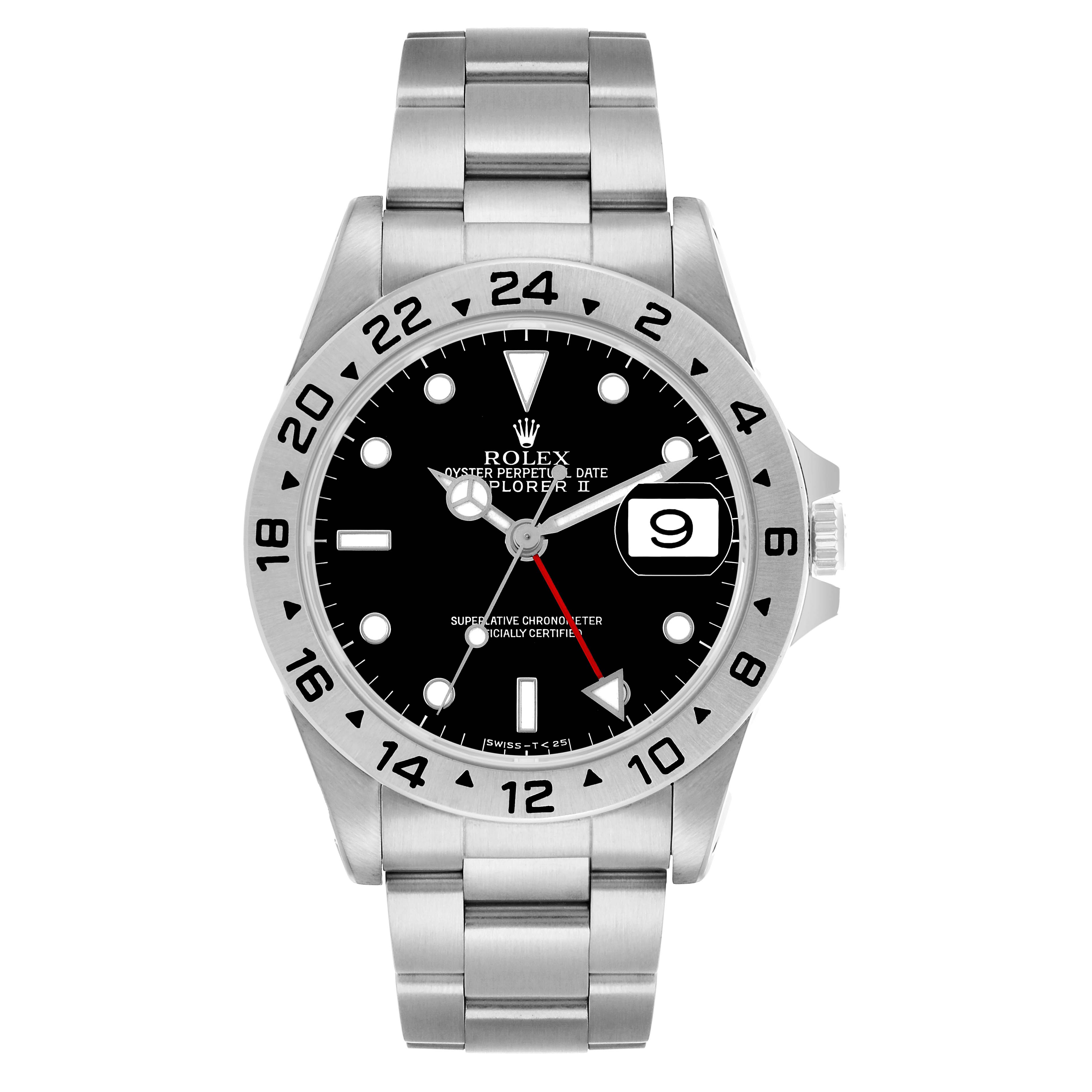 The image shows a front view of a Rolex Explorer 16570 Men's Stainless Steel Black Dial watch, highlighting its face, bezel, and bracelet.