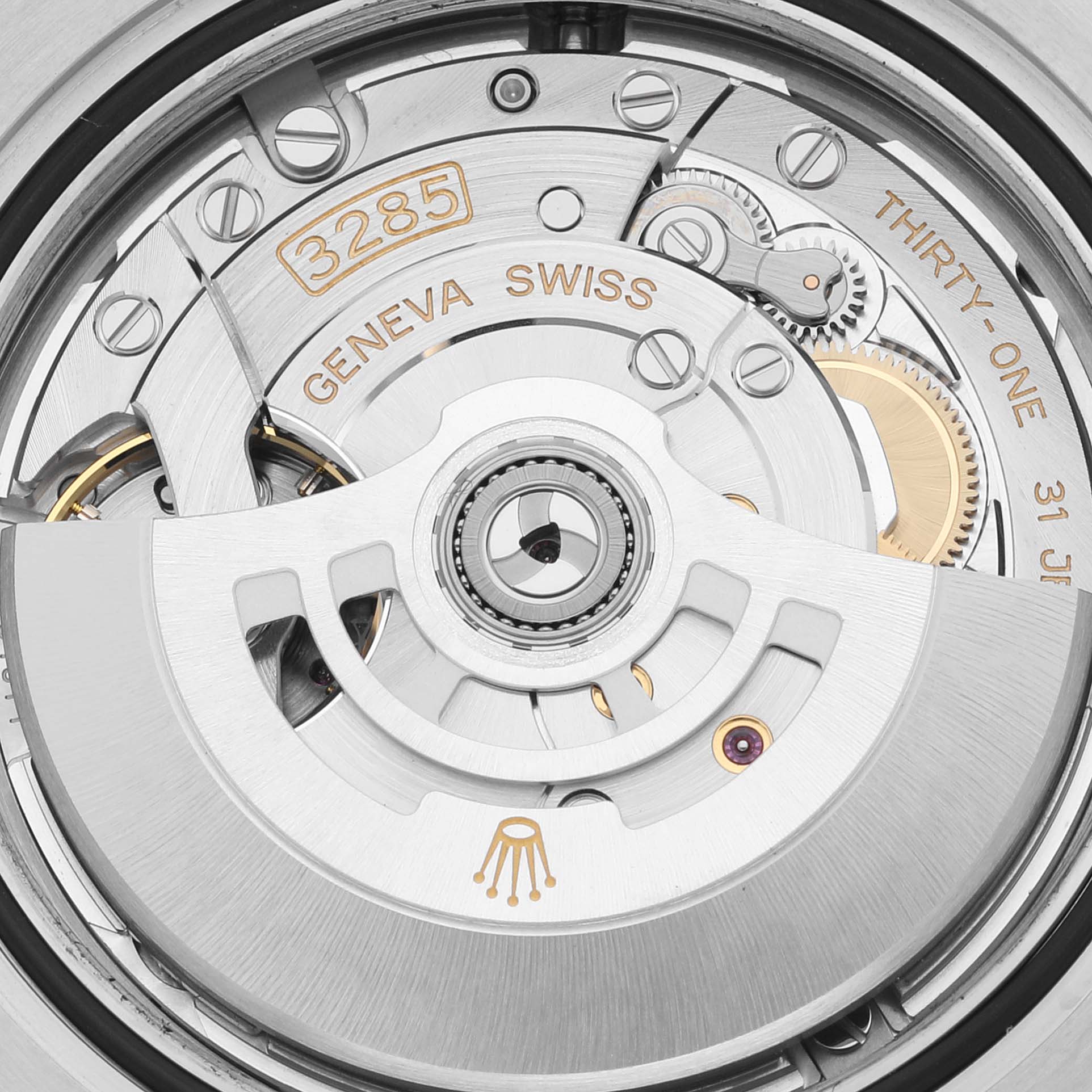 This image shows a close-up of the movement of a Rolex GMT-Master 126710BLNR Men
s Stainless Steel Black Dial 126710BLNR Men
s Stainless Steel Black Dial, highlighting the caliber 3285.