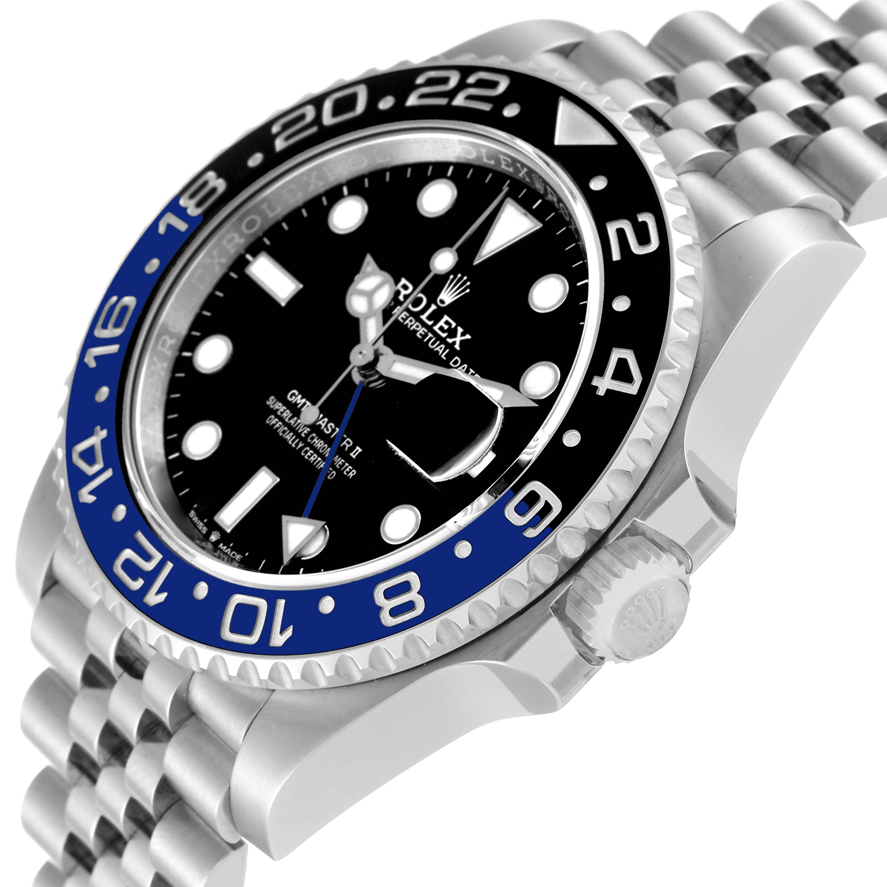 The Rolex GMT-Master 126710BLNR Men
s Stainless Steel Black Dial 126710BLNR Men
s Stainless Steel Black Dial watch is shown from a slightly angled side view, highlighting the bezel, crown, and part of the bracelet.