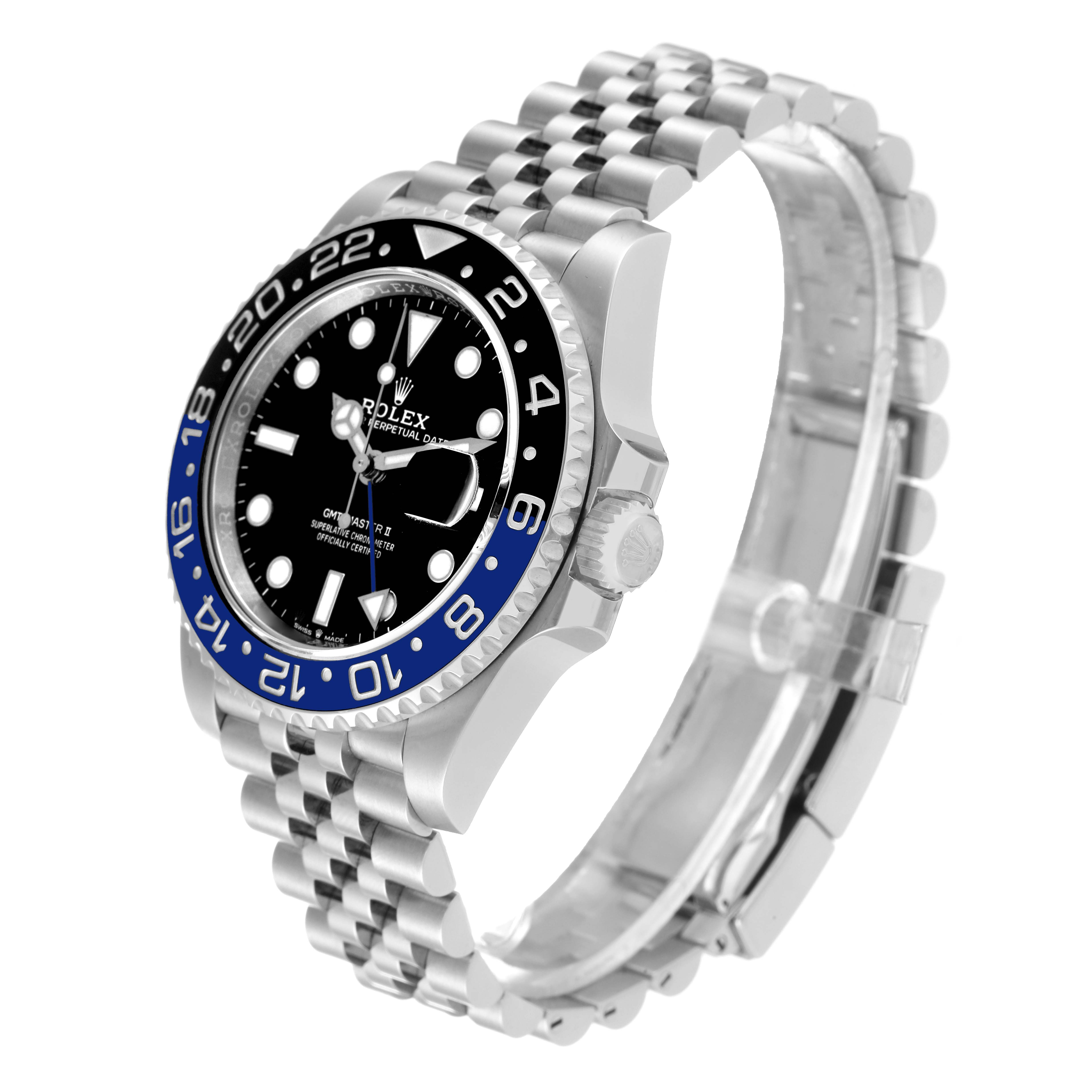 The Rolex GMT-Master 126710BLNR Men
s Stainless Steel Black Dial 126710BLNR Men
s Stainless Steel Black Dial watch is shown at an angle displaying the dial, bezel, crown, and bracelet.