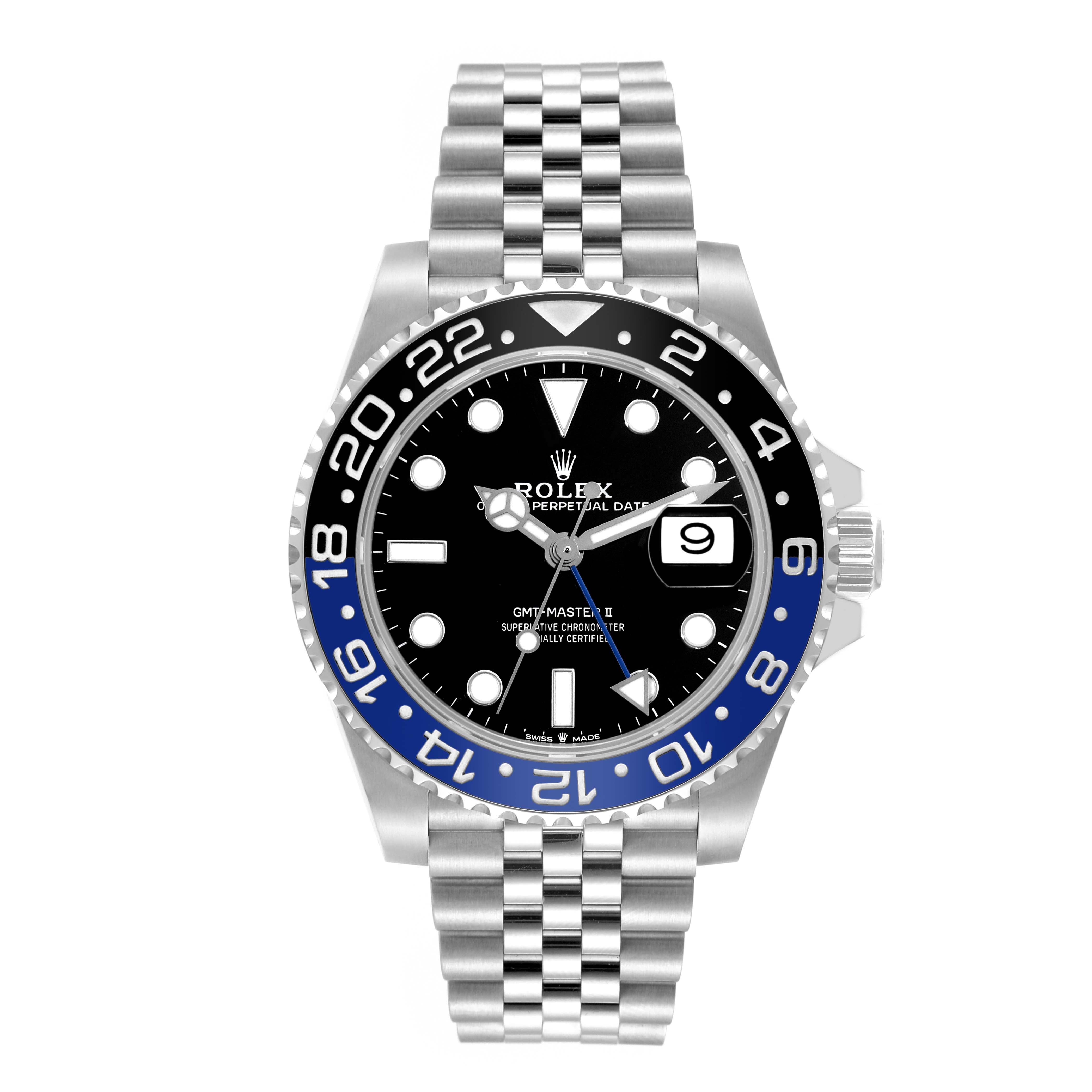 The image depicts a front view of a Rolex GMT-Master 126710BLNR Men
s Stainless Steel Black Dial 126710BLNR Men
s Stainless Steel Black Dial II, showcasing the dial, bezel, and bracelet.