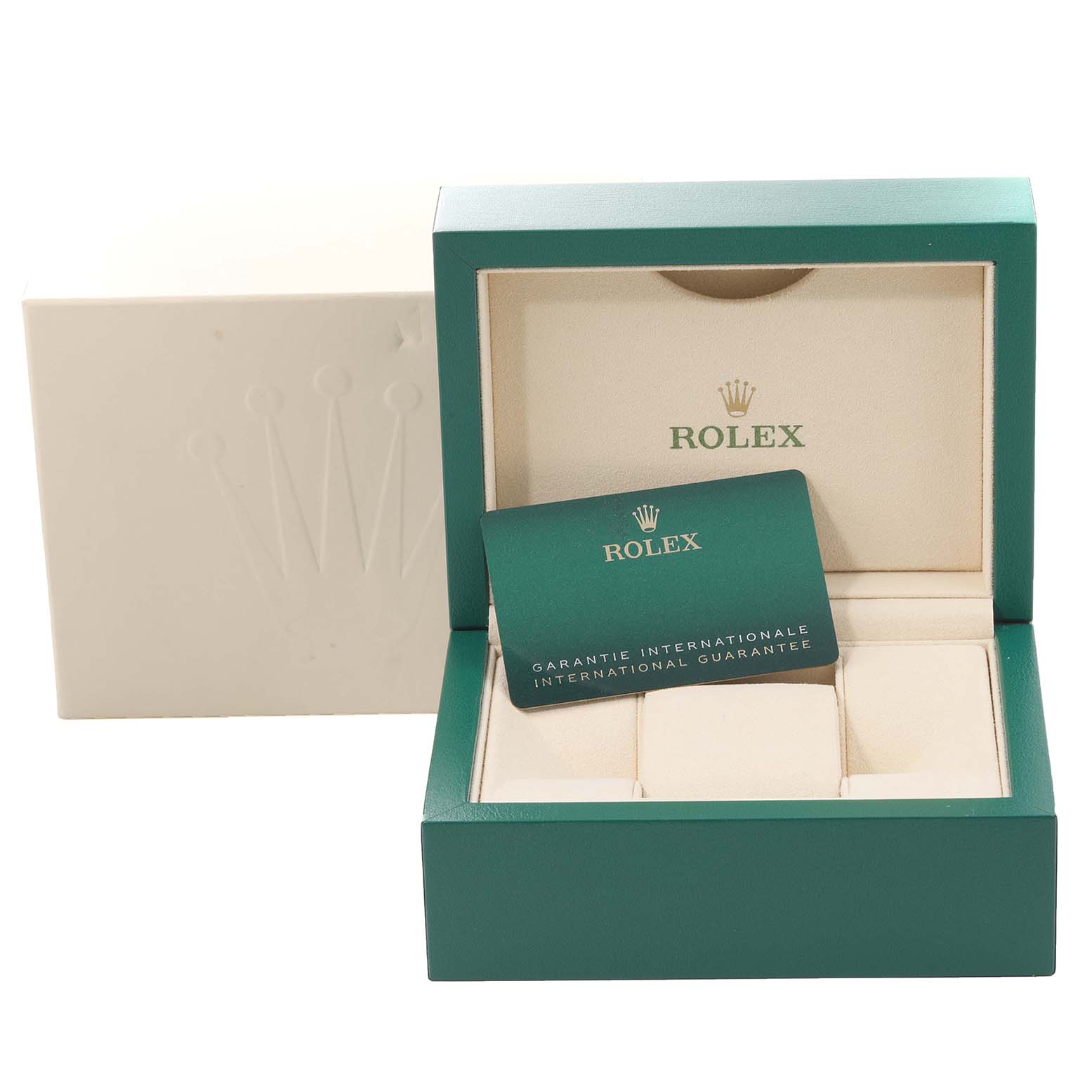This image shows the official green box and international guarantee card for a Rolex GMT-Master 126710BLNR Men
s Stainless Steel Black Dial 126710BLNR Men
s Stainless Steel Black Dial watch.