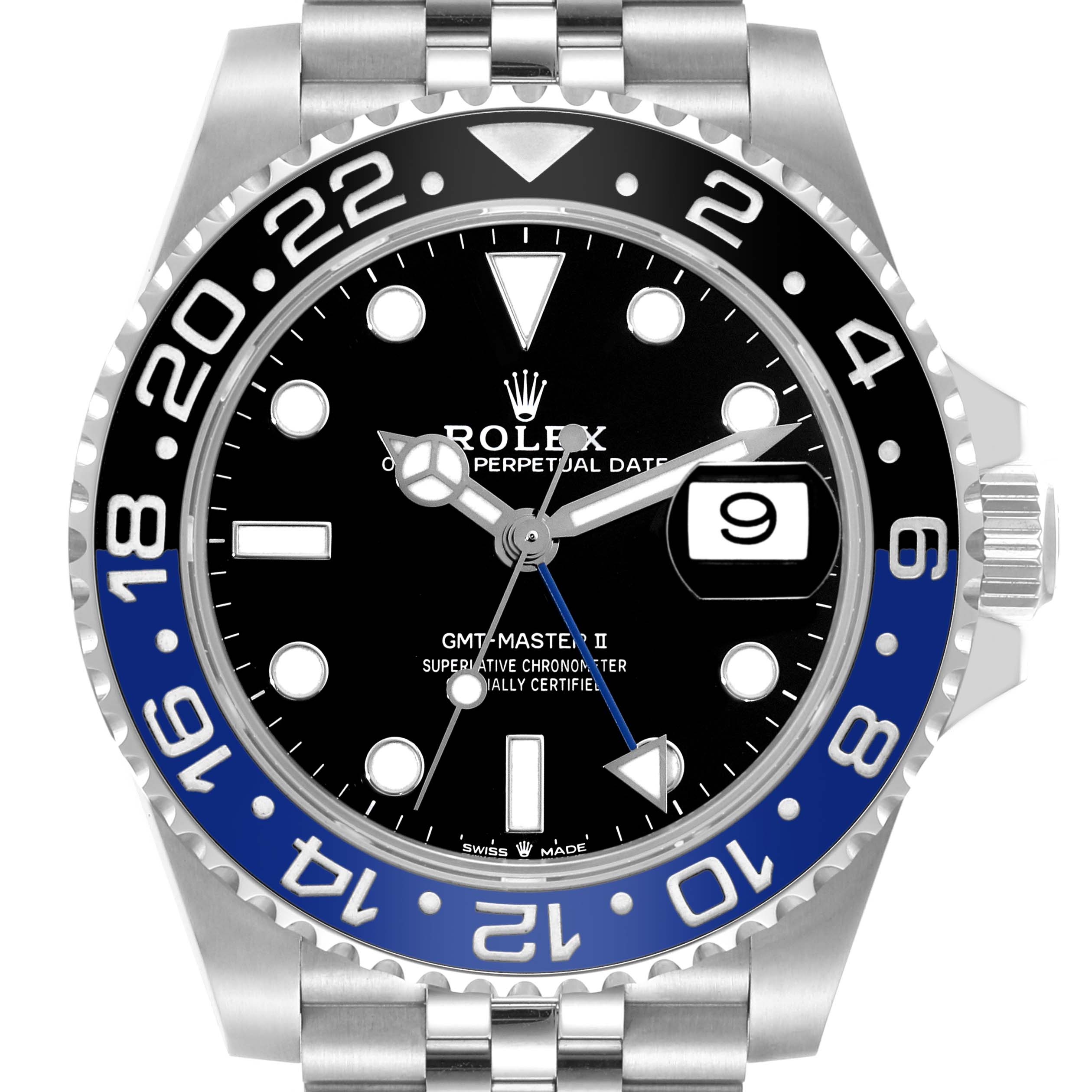The image shows the front view of a Rolex GMT-Master 126710BLNR Men
s Stainless Steel Black Dial 126710BLNR Men
s Stainless Steel Black Dial II watch, featuring the dial, bezel, and part of the bracelet.