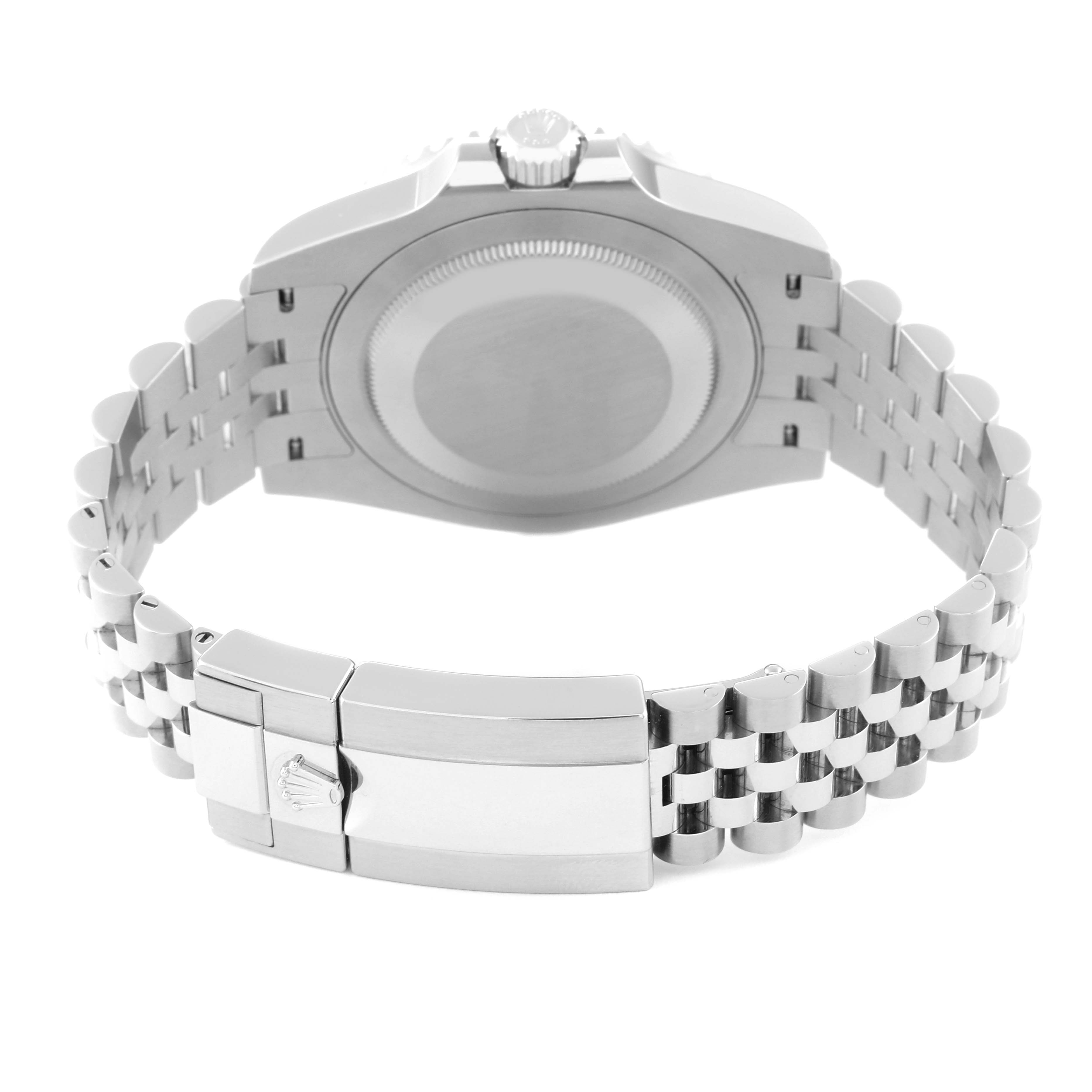 The image shows the back view of a Rolex GMT-Master 126710BLNR Men
s Stainless Steel Black Dial 126710BLNR Men
s Stainless Steel Black Dial watch, highlighting its case back and bracelet clasp.