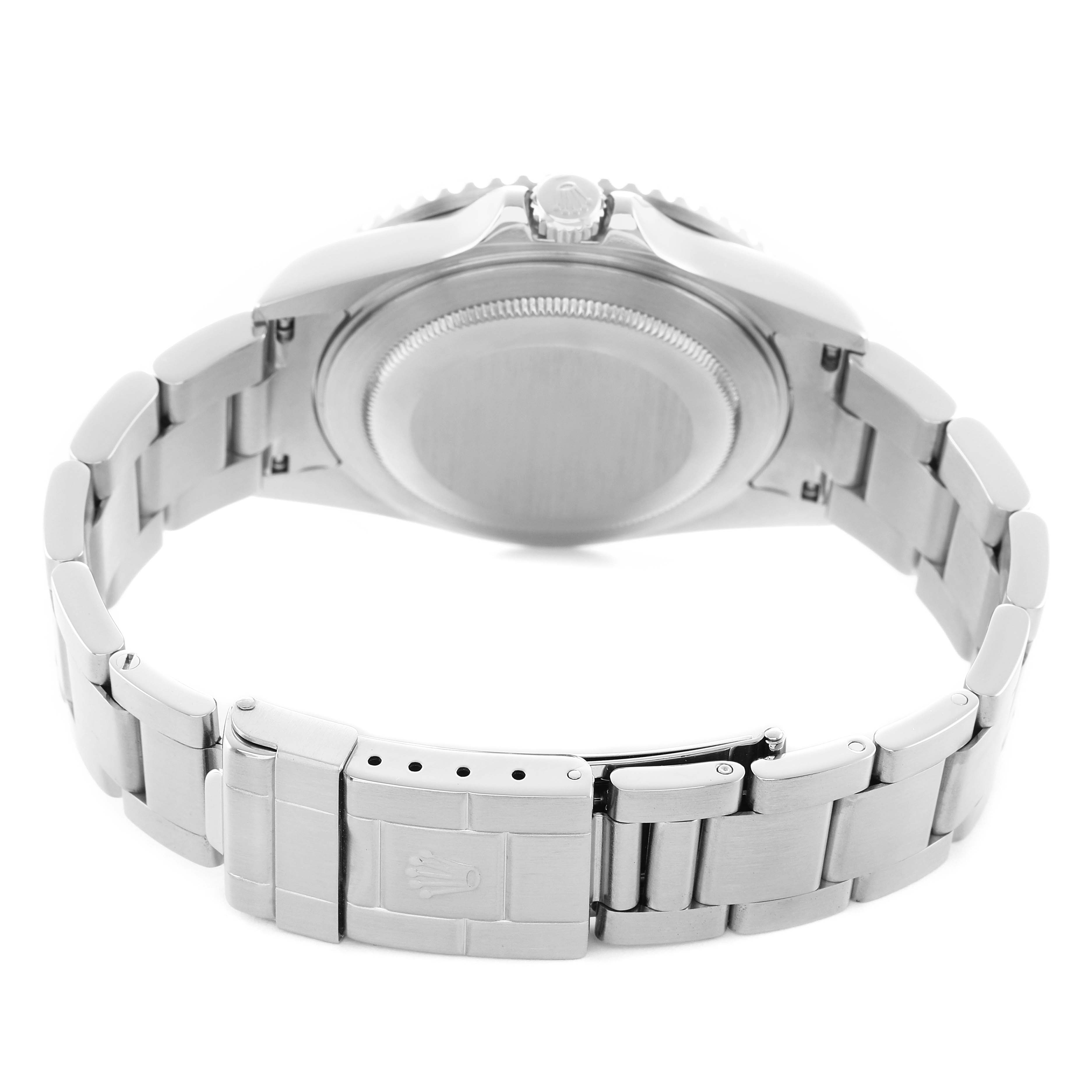 The image shows a rear view of the Rolex GMT-Master 16710 Men's Stainless Steel Black Dial watch, highlighting the case back, crown, and metal bracelet with clasp.