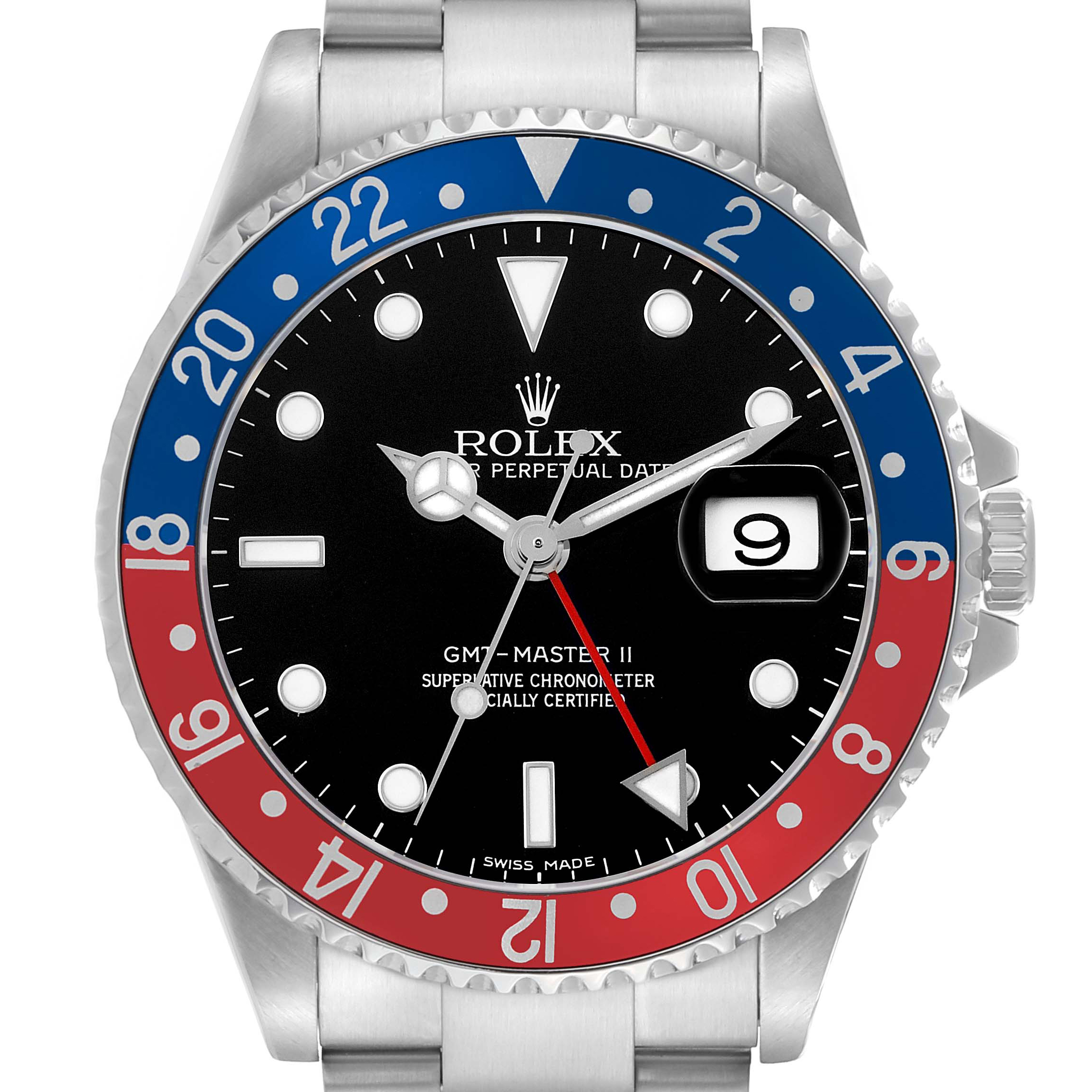 The Rolex GMT-Master 16710 Men's Stainless Steel Black Dial II watch is shown from a front angle, highlighting the bezel, dial, hands, and date window.