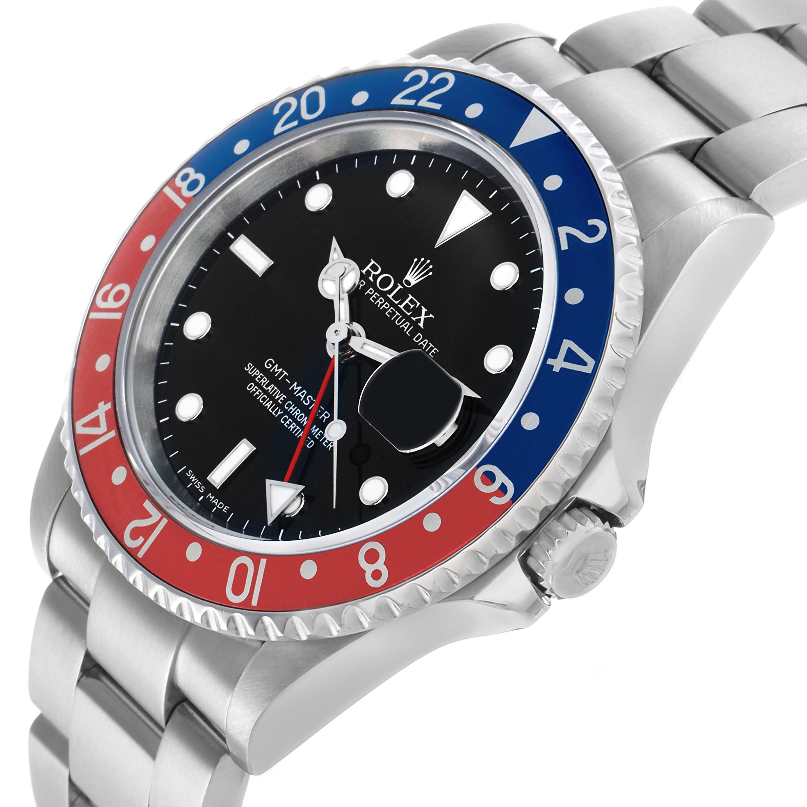 The Rolex GMT-Master 16710 Men's Stainless Steel Black Dial watch is shown at an angle highlighting the bezel, dial, and part of the bracelet.