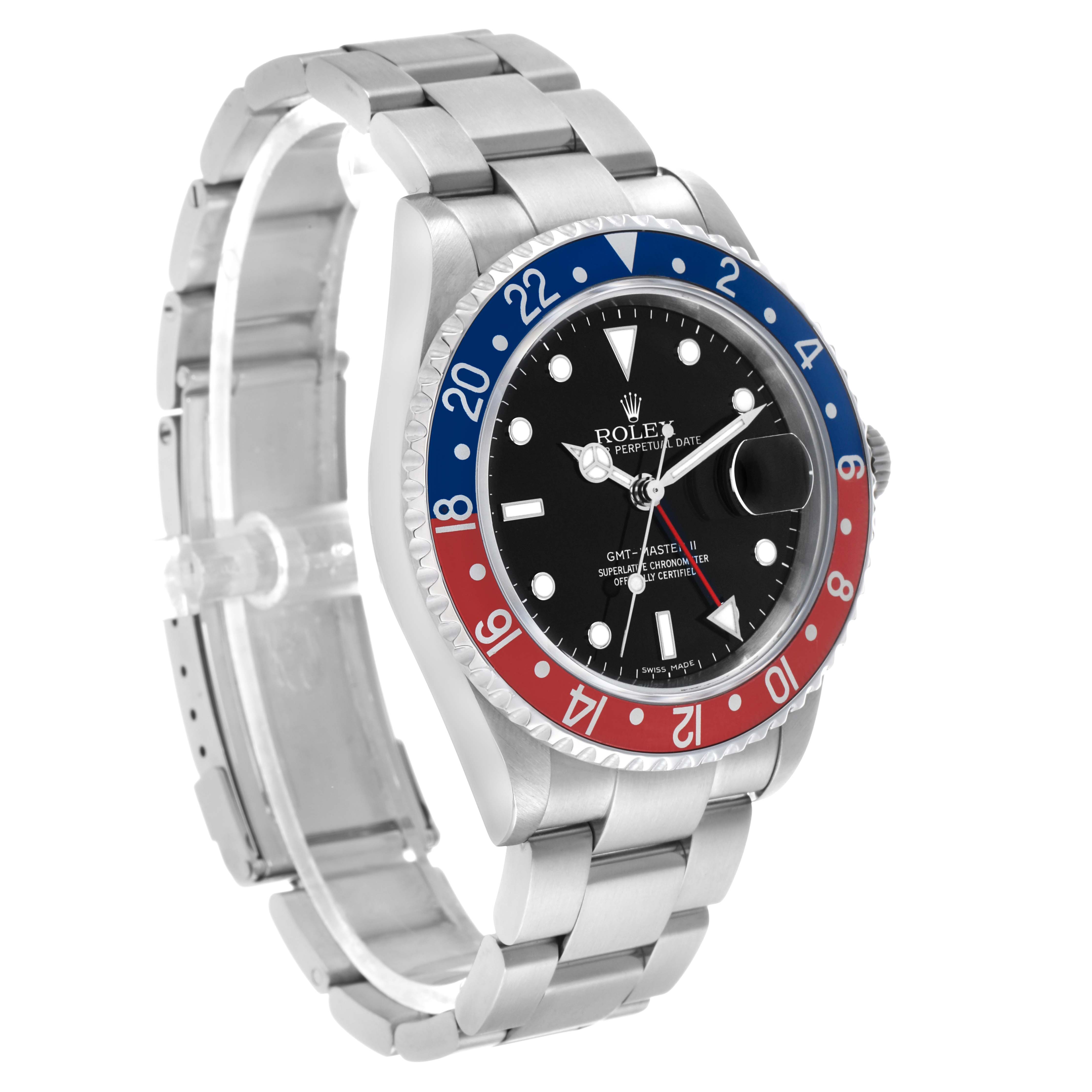 The Rolex GMT-Master 16710 Men's Stainless Steel Black Dial is shown at an angled front view, displaying its bezel, dial, and bracelet clearly.