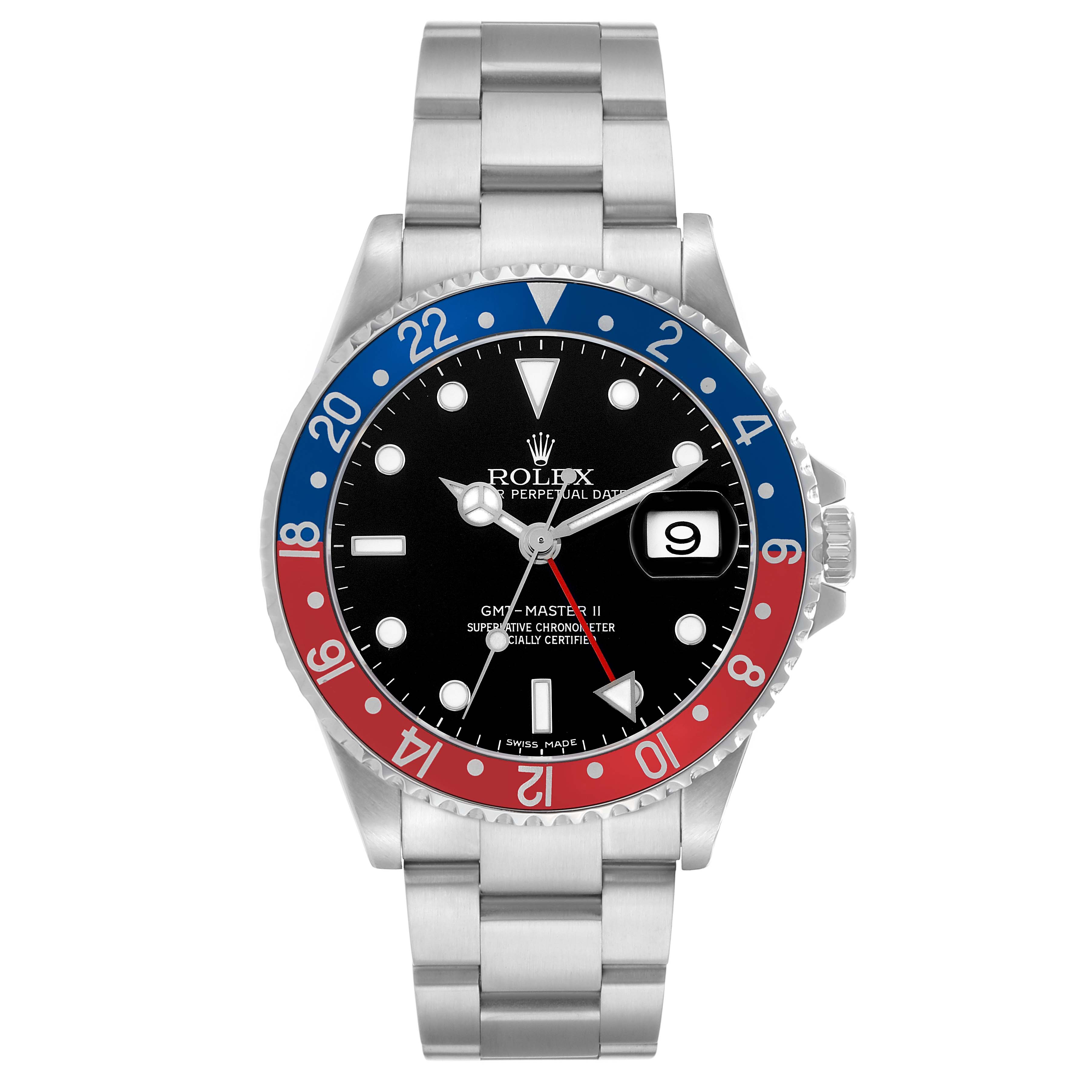 The image shows a front view of the Rolex GMT-Master 16710 Men's Stainless Steel Black Dial II watch, highlighting its bezel, dial, and bracelet.