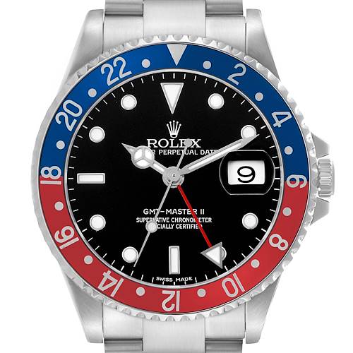 The Rolex GMT-Master 16710 Men's Stainless Steel Black Dial II is shown from a top-down angle, highlighting its bezel, dial, hands, and date display.