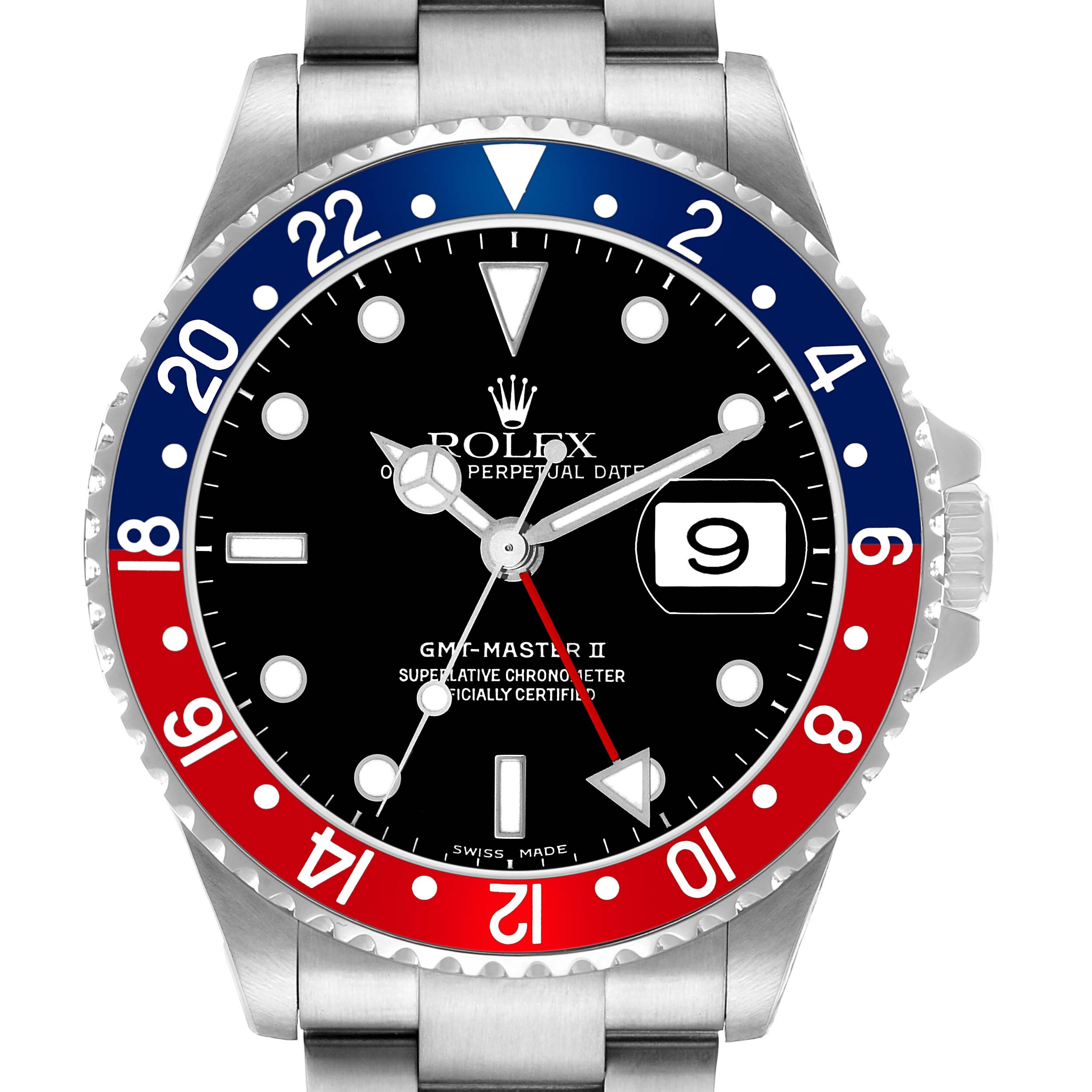 The image shows a front view of the Rolex GMT-Master 16710 Men's Stainless Steel Black Dial watch, highlighting the bezel, dial, hands, and date window.