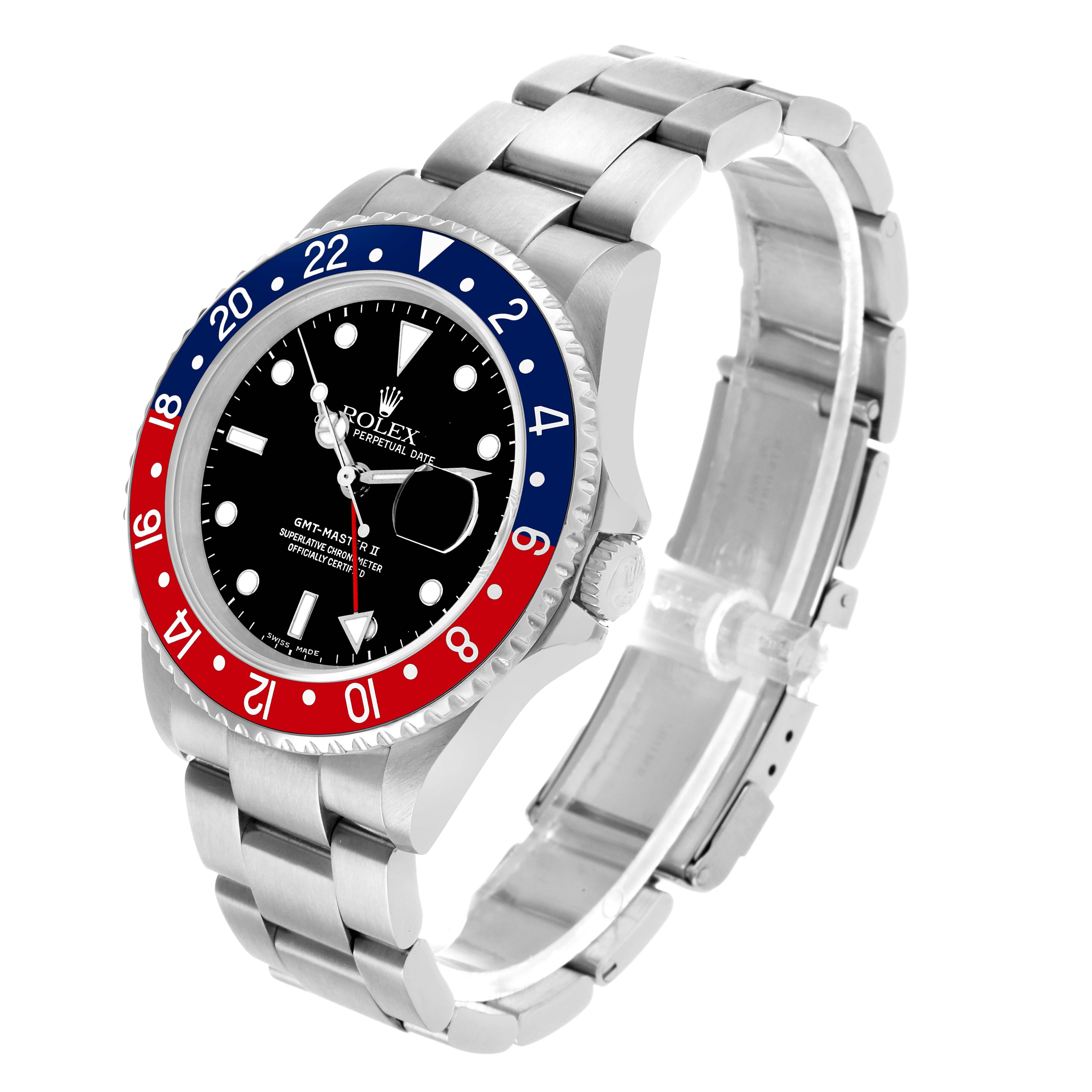 This image shows the Rolex GMT-Master 16710 Men's Stainless Steel Black Dial watch at an angle highlighting its bezel, case, and bracelet.