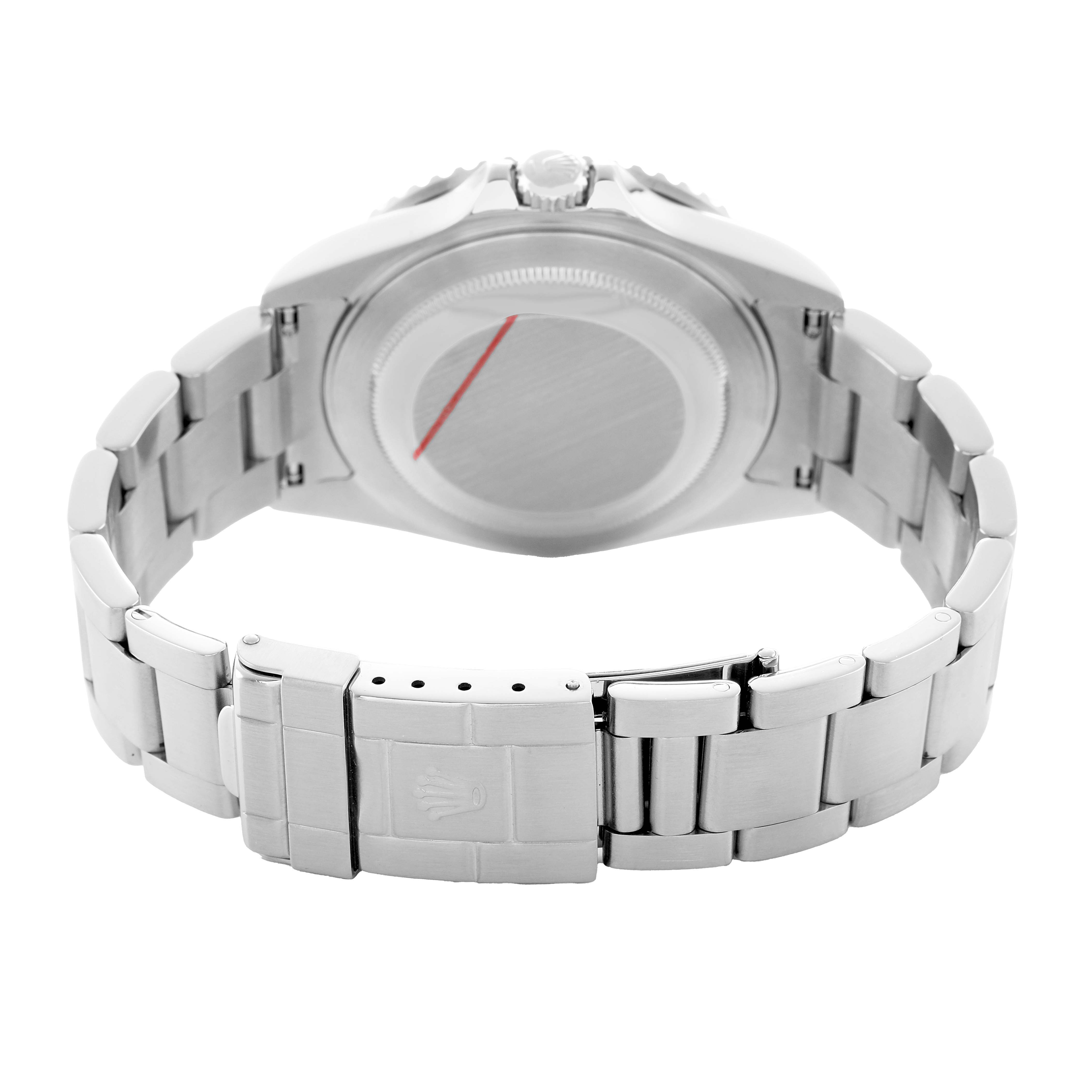 The Rolex GMT-Master 16710 Men's Stainless Steel Black Dial watch is shown from the back, displaying its case back and part of the bracelet.