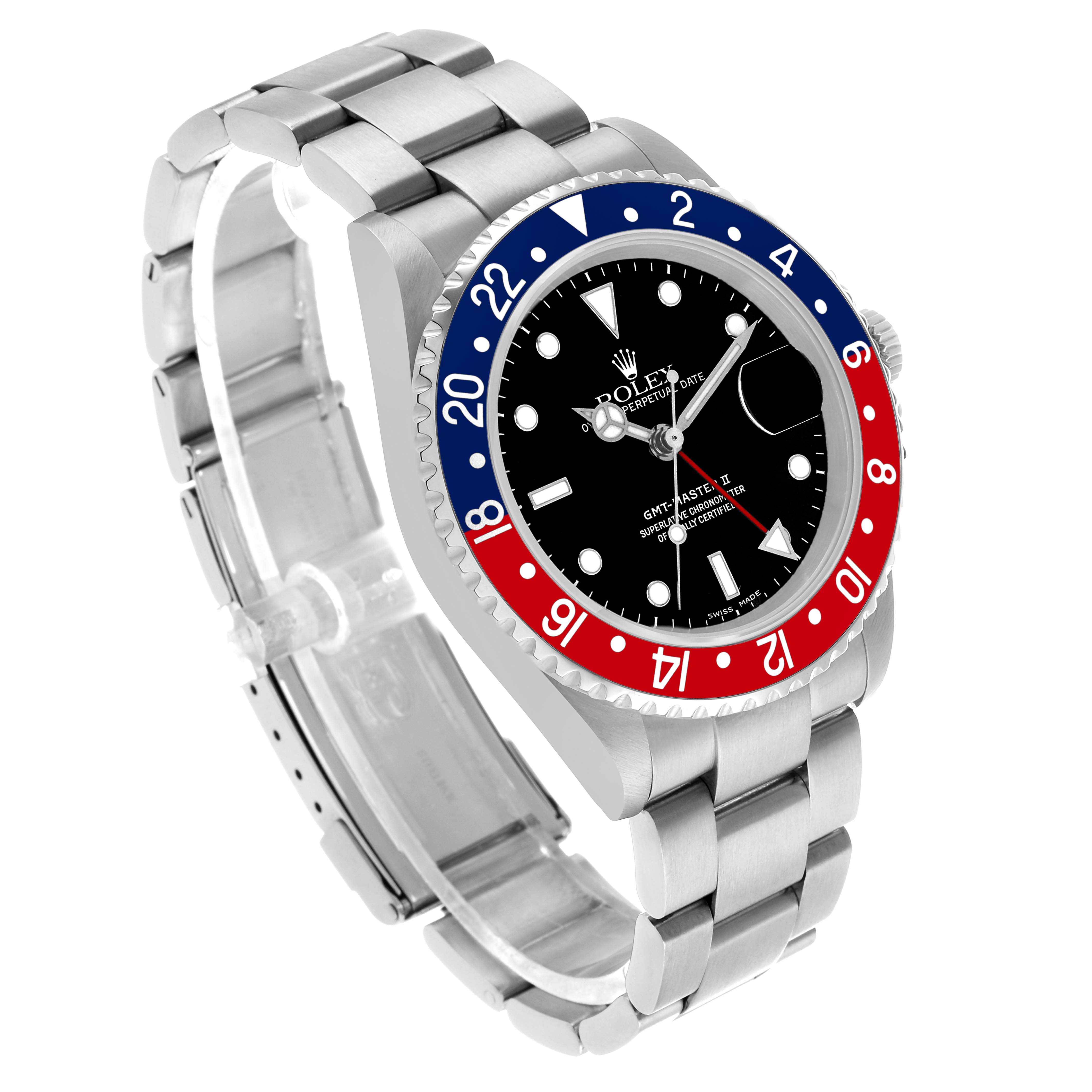 The Rolex GMT-Master 16710 Men's Stainless Steel Black Dial model is shown at a three-quarter angle displaying the face, bezel, bracelet, and crown.