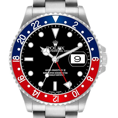 The Rolex GMT-Master 16710 Men's Stainless Steel Black Dial watch is shown from the front, highlighting the bezel, dial, and bracelet.