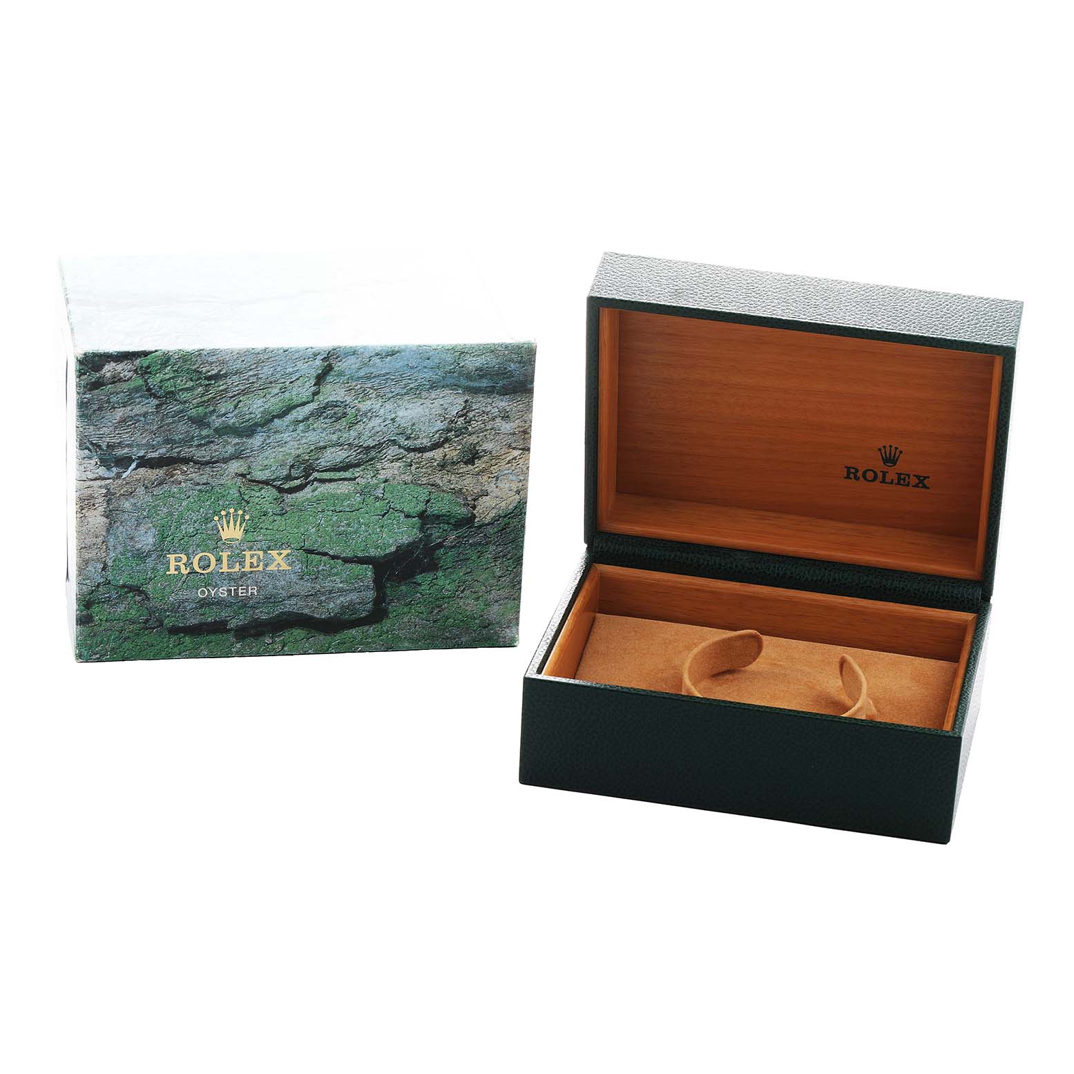 The image shows a Rolex GMT-Master 16710 Men's Stainless Steel Black Dial watch box opened, alongside its decorative outer box.