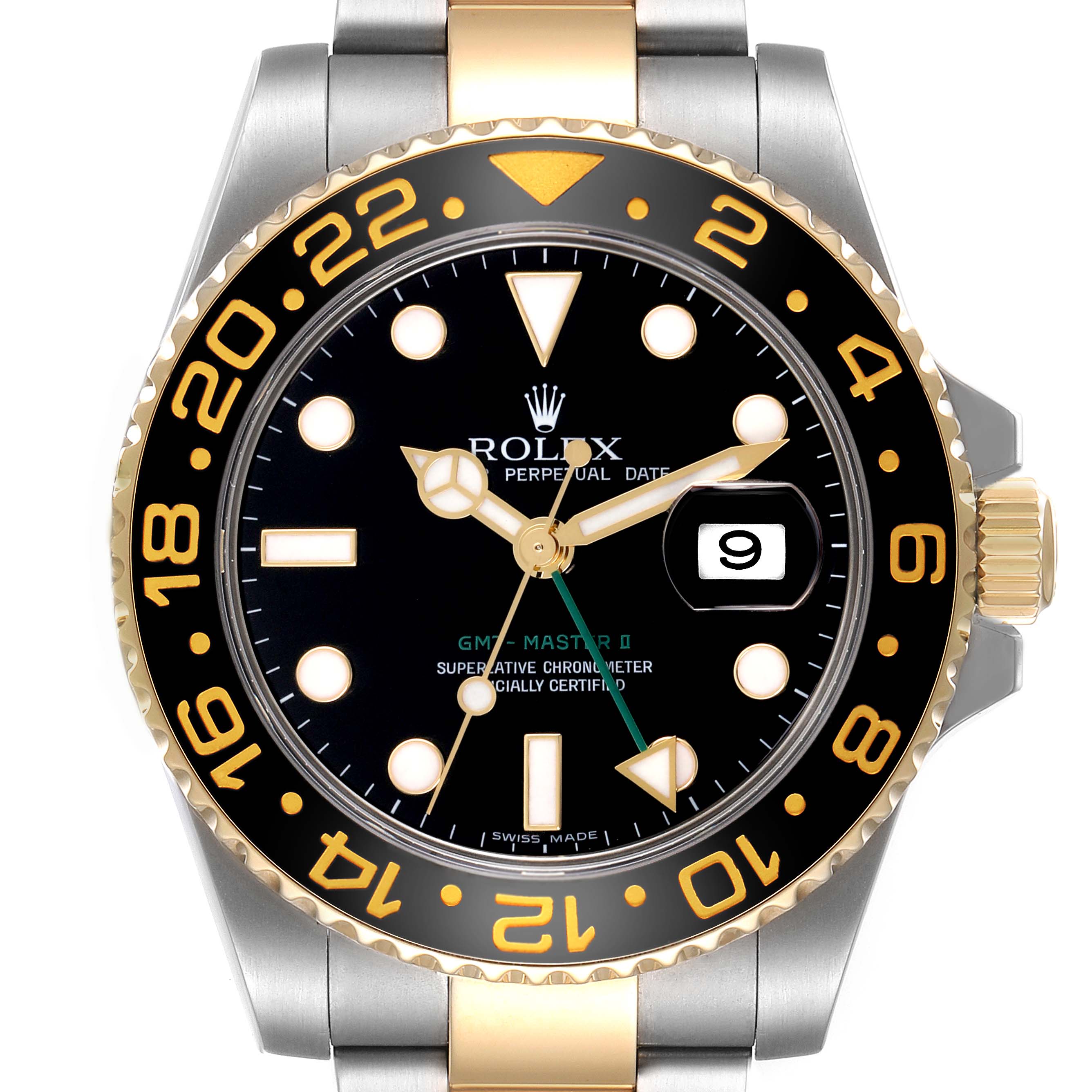 The Rolex GMT-Master 116713 Men's Steel and Gold (two tone) Black Dial 116713 Men's Steel and Gold (two tone) Black Dial watch is shown from a direct front angle, highlighting the bezel, dial, and crown.