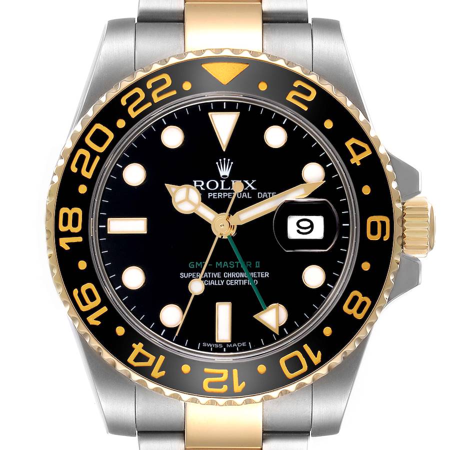 The Rolex GMT-Master watch is shown from a direct front angle, highlighting the bezel, dial, and crown.