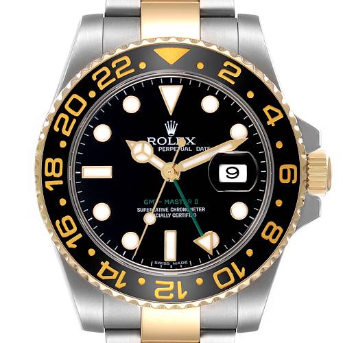 This image shows a front view of a Rolex GMT-Master II watch featuring the dial, bezel, hands, and part of the bracelet.