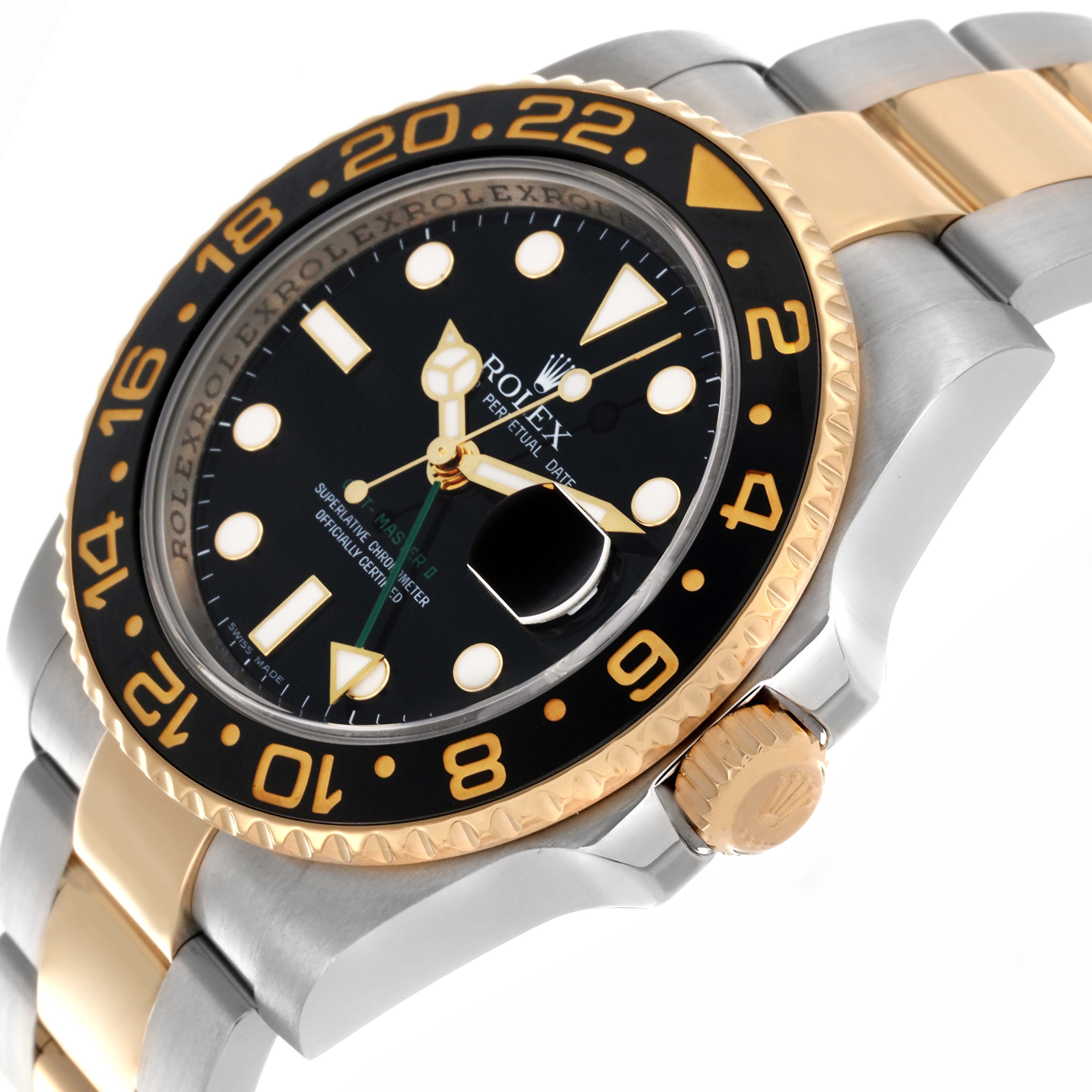 The Rolex GMT-Master 116713 Men's Steel and Gold (two tone) Black Dial 116713 Men's Steel and Gold (two tone) Black Dial is shown at an angled side view displaying the bezel, crown, and part of the bracelet.