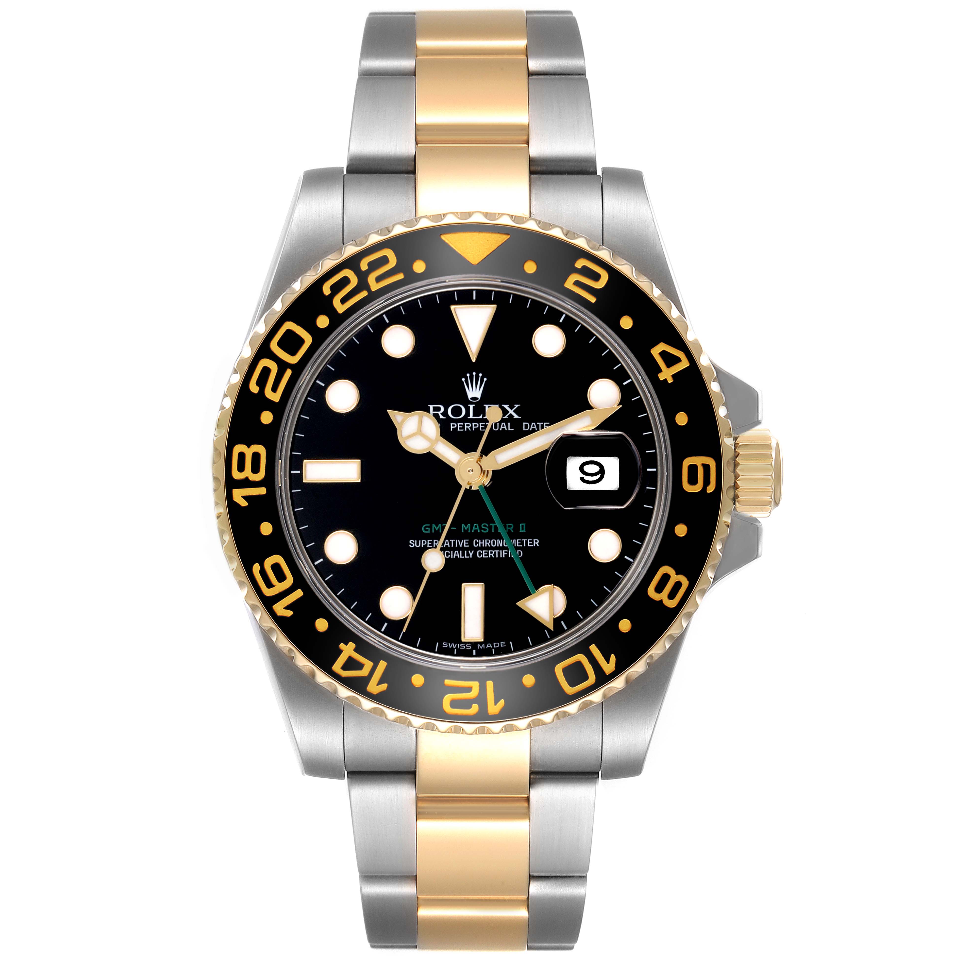 The Rolex GMT-Master 116713 Men's Steel and Gold (two tone) Black Dial 116713 Men's Steel and Gold (two tone) Black Dial watch is shown from the front, displaying its bezel, dial, and bracelet.