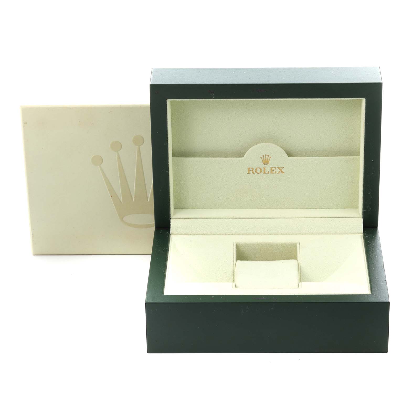 The image shows an open Rolex GMT-Master 116713 Men's Steel and Gold (two tone) Black Dial 116713 Men's Steel and Gold (two tone) Black Dial watch box with an empty cushion and lid.