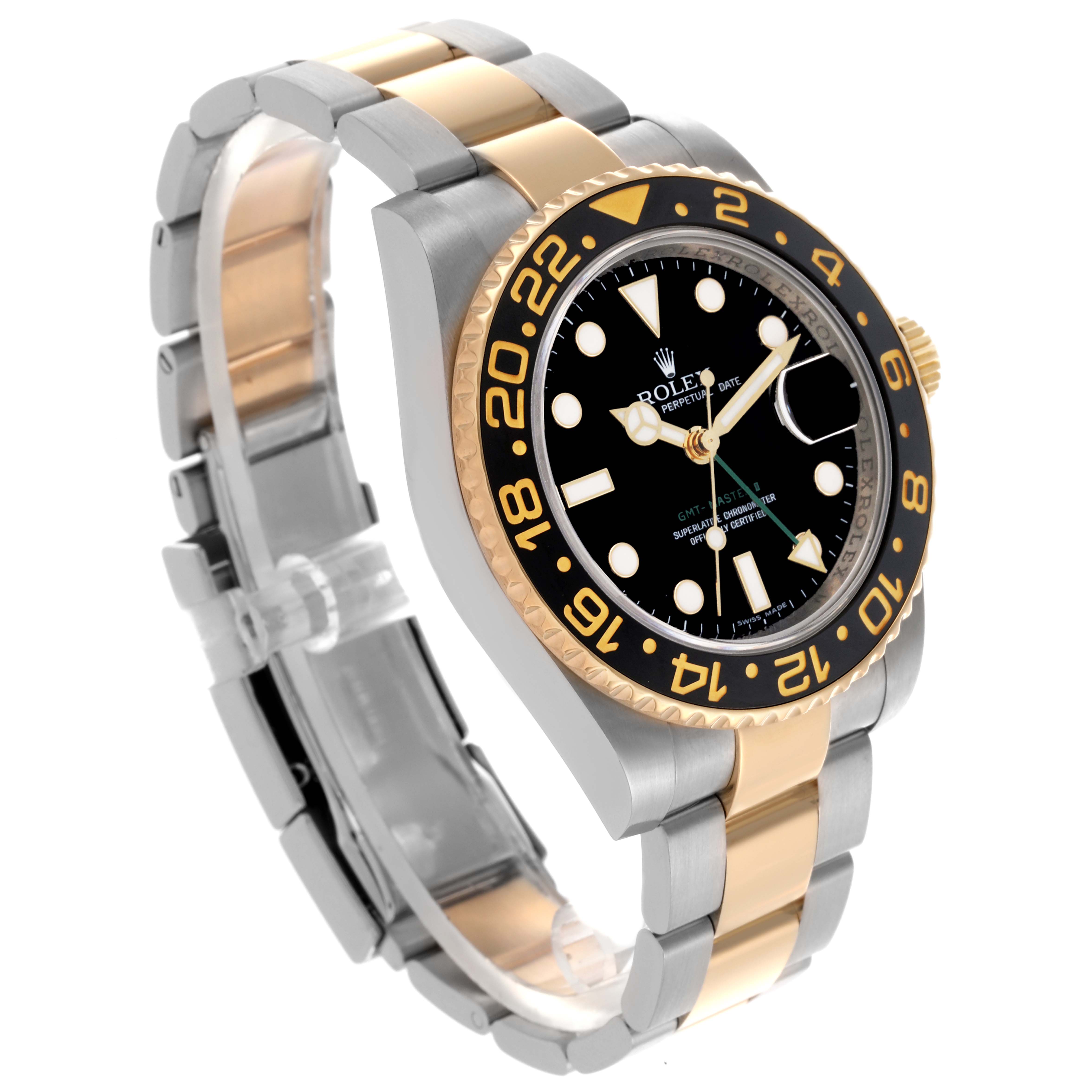 The Rolex GMT-Master 116713 Men's Steel and Gold (two tone) Black Dial 116713 Men's Steel and Gold (two tone) Black Dial watch is shown at a three-quarter angle, highlighting the bezel, dial, and bracelet.