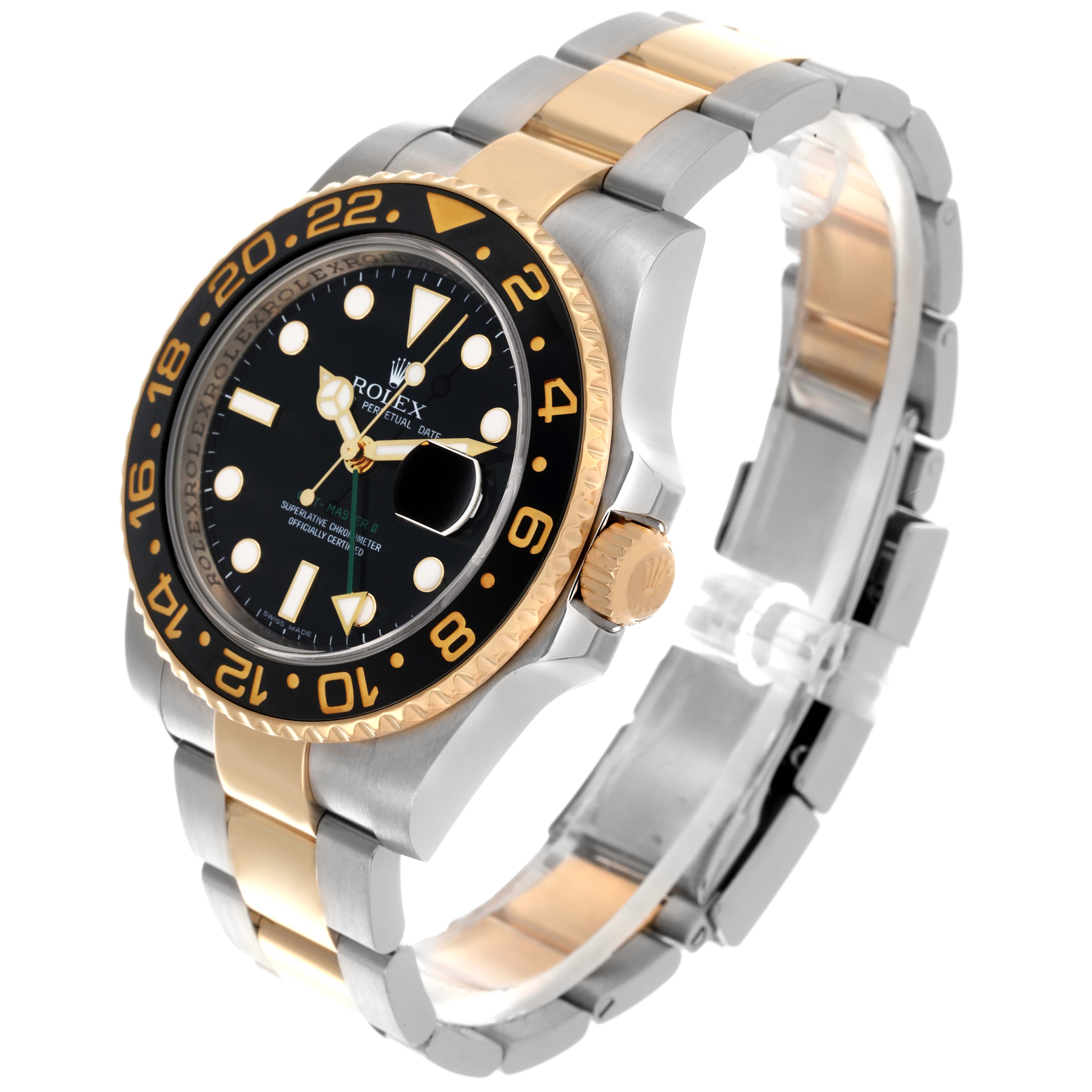 The image shows a Rolex GMT-Master 116713 Men's Steel and Gold (two tone) Black Dial 116713 Men's Steel and Gold (two tone) Black Dial watch at a slight angle, highlighting the face, bezel, and bracelet.