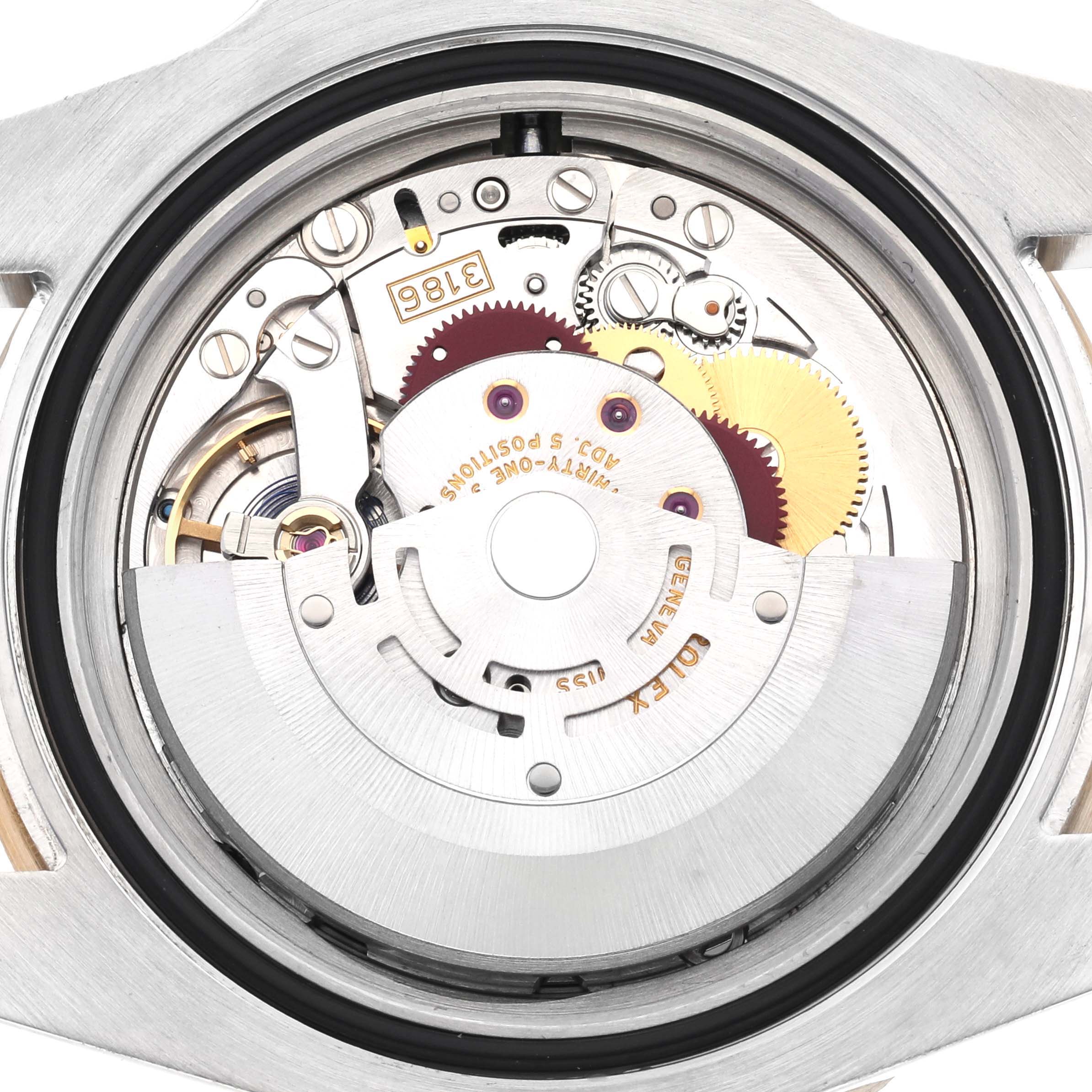 The image shows the open caseback view of a Rolex GMT-Master 116713 Men's Steel and Gold (two tone) Black Dial 116713 Men's Steel and Gold (two tone) Black Dial, revealing its internal mechanical movement.