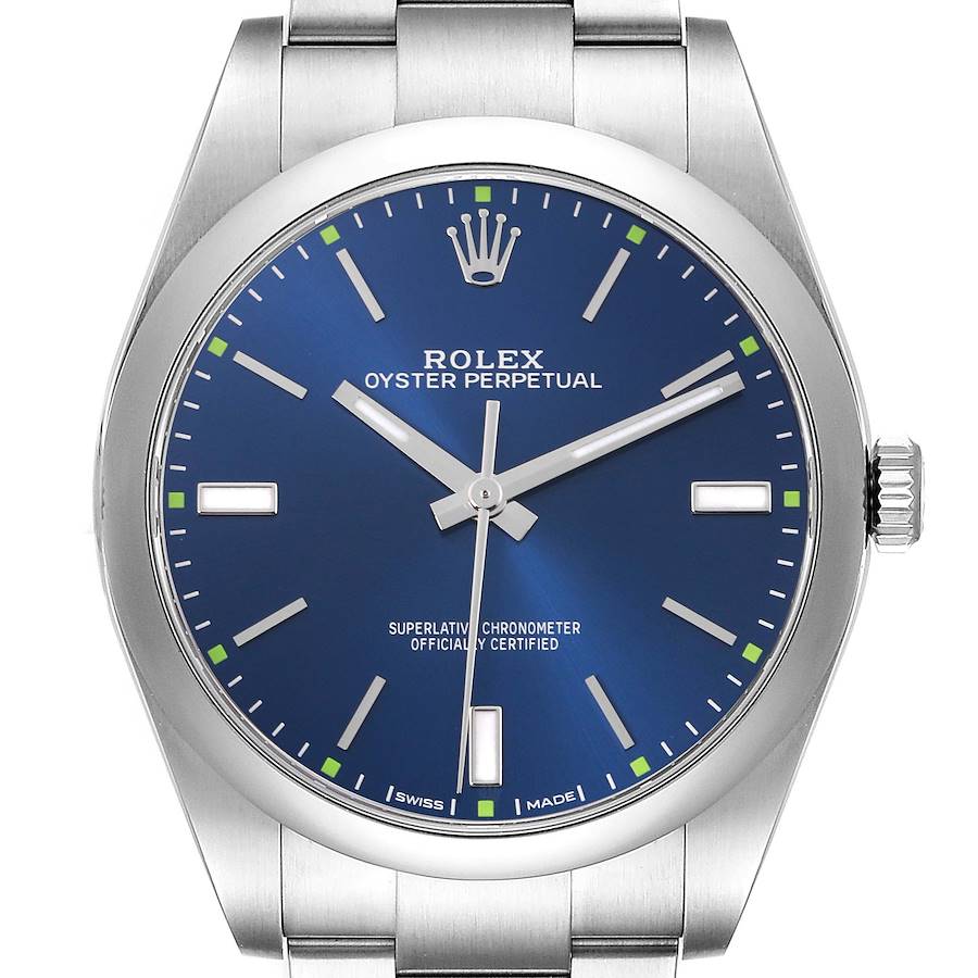 The image shows a frontal view of the Rolex Oyster Perpetual watch, highlighting its blue dial and bracelet.