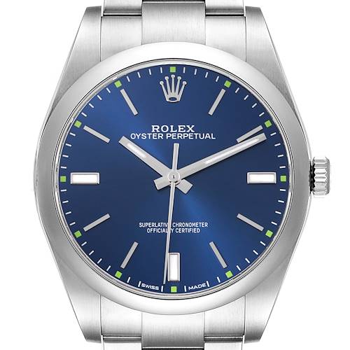 The Rolex Oyster Perpetual watch is shown from the front, displaying the dial, hands, and partial bracelet.