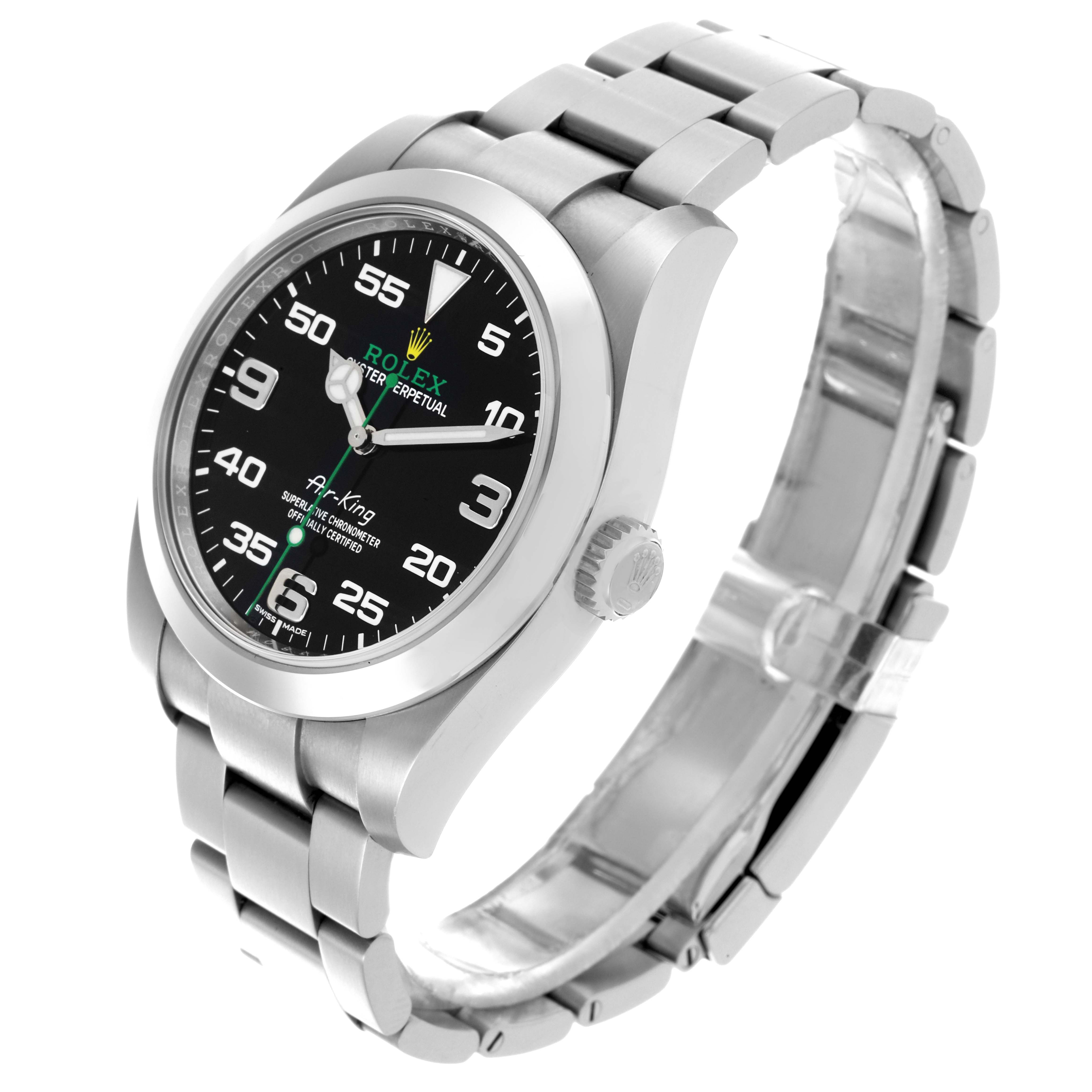 The Rolex Air-King 116900 Men's Stainless Steel Black Dial 116900 Men's Stainless Steel Black Dial watch is shown at a slight angle, featuring the dial, bezel, crown, and bracelet.
