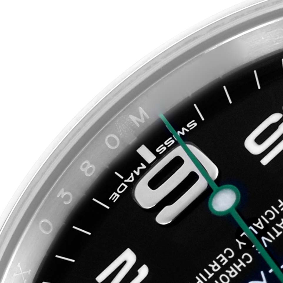 The image shows a close-up of the dial of the Rolex Air-King 116900 Men's Stainless Steel Black Dial 116900 Men's Stainless Steel Black Dial, focusing on the "9" numeral and minute markers.