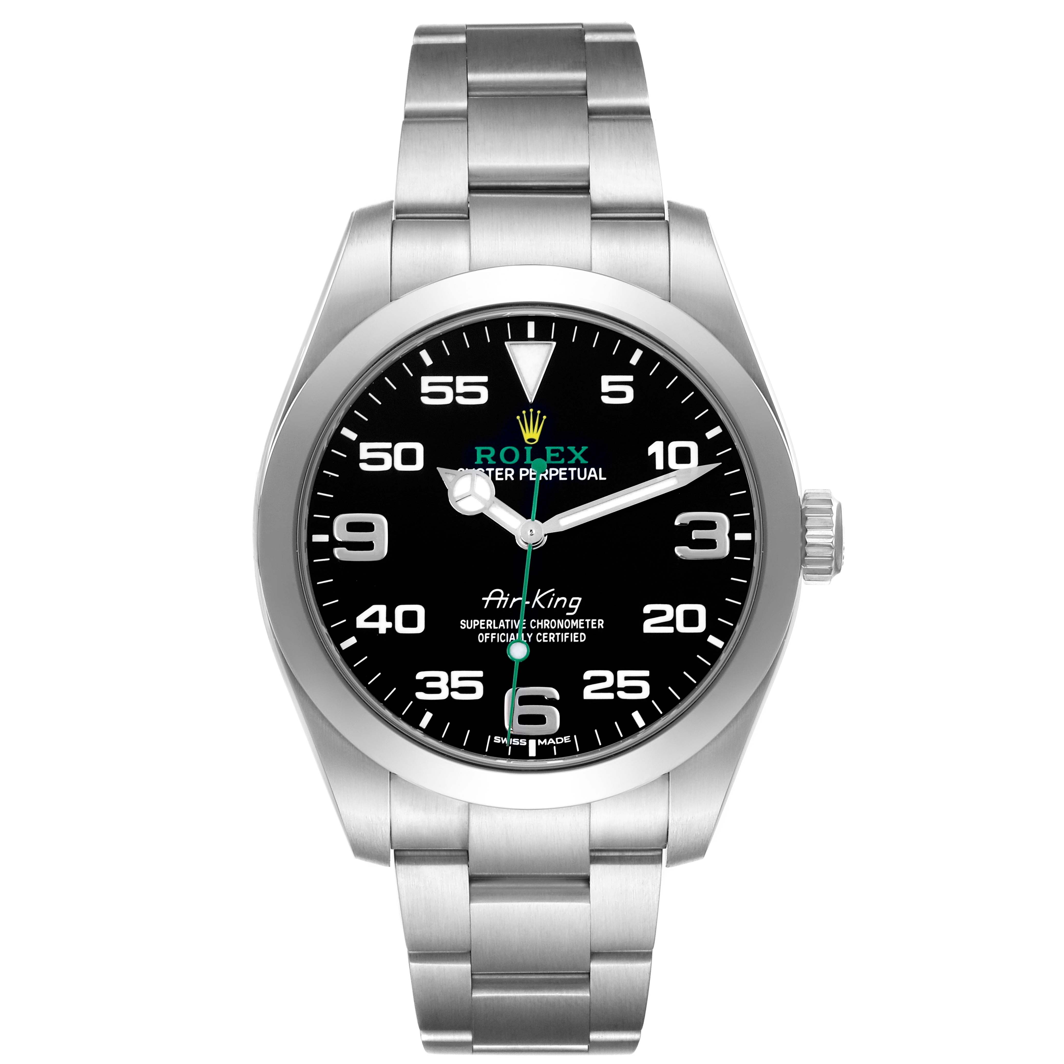 The Rolex Air-King 116900 Men's Stainless Steel Black Dial 116900 Men's Stainless Steel Black Dial watch is shown from a front angle, displaying the face, bezel, and bracelet.