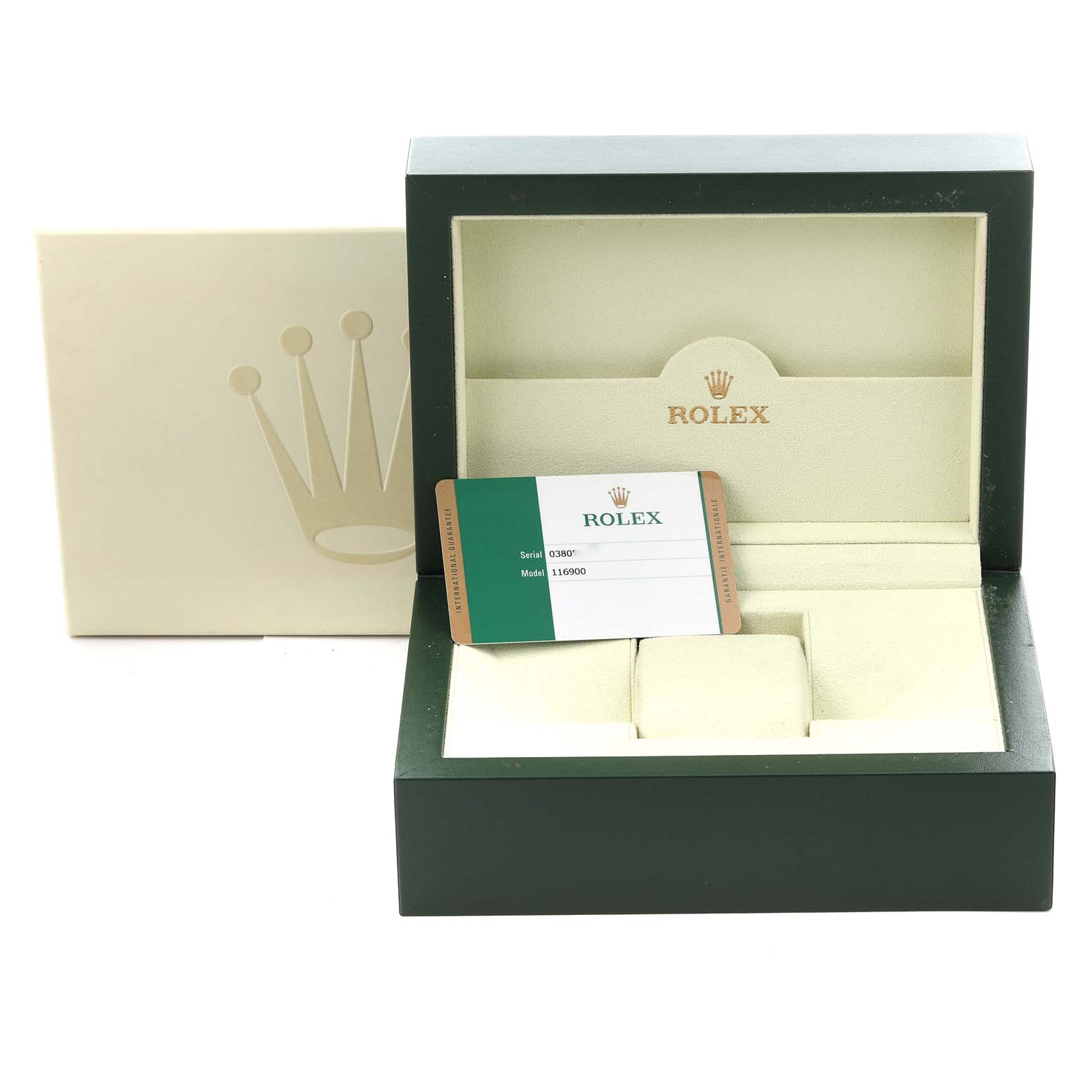 The image shows an open box for a Rolex Air-King 116900 Men's Stainless Steel Black Dial 116900 Men's Stainless Steel Black Dial watch with a warranty card included.