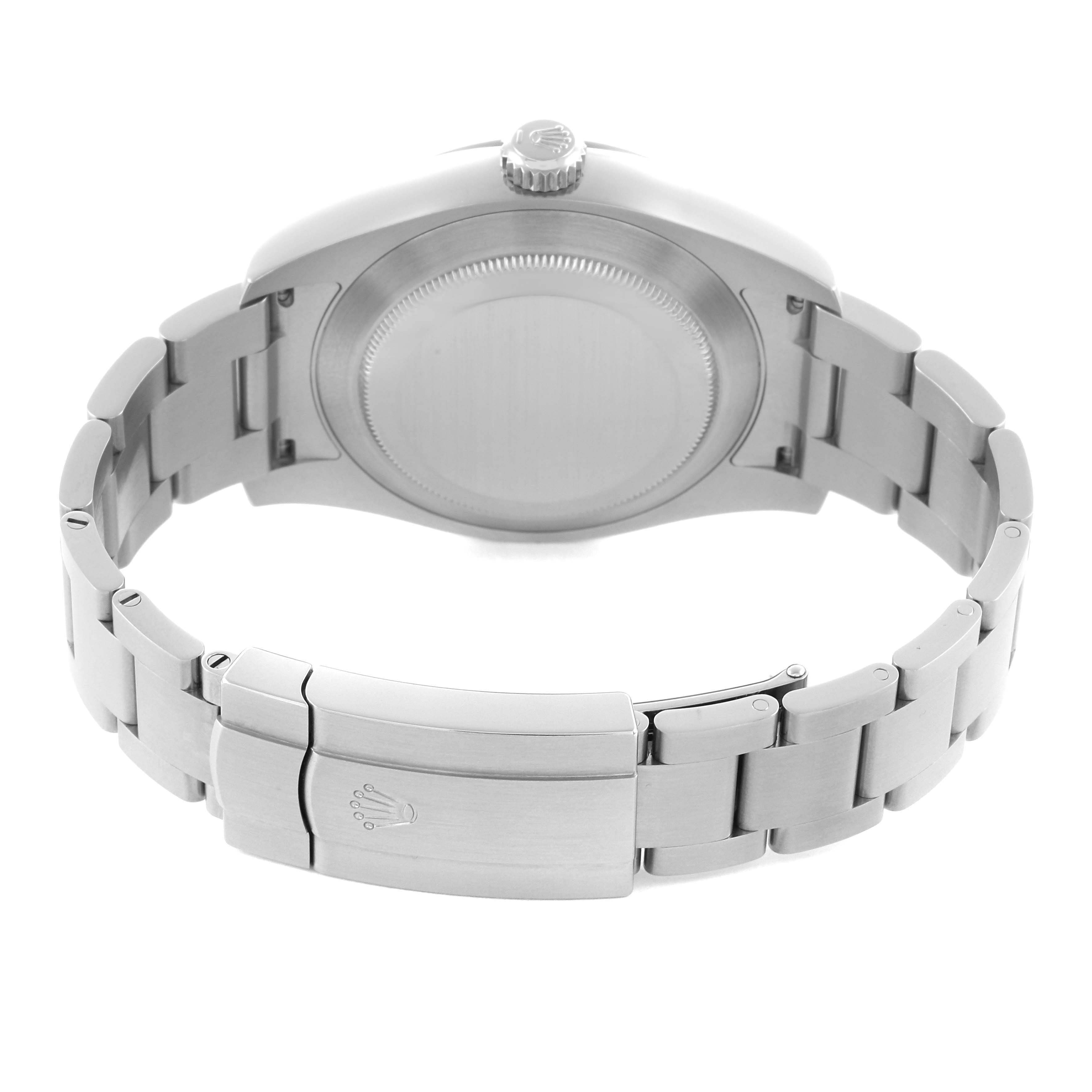 The image shows the back view of the Rolex Air-King 116900 Men's Stainless Steel Black Dial 116900 Men's Stainless Steel Black Dial, highlighting the case back, crown, and metal bracelet clasp.