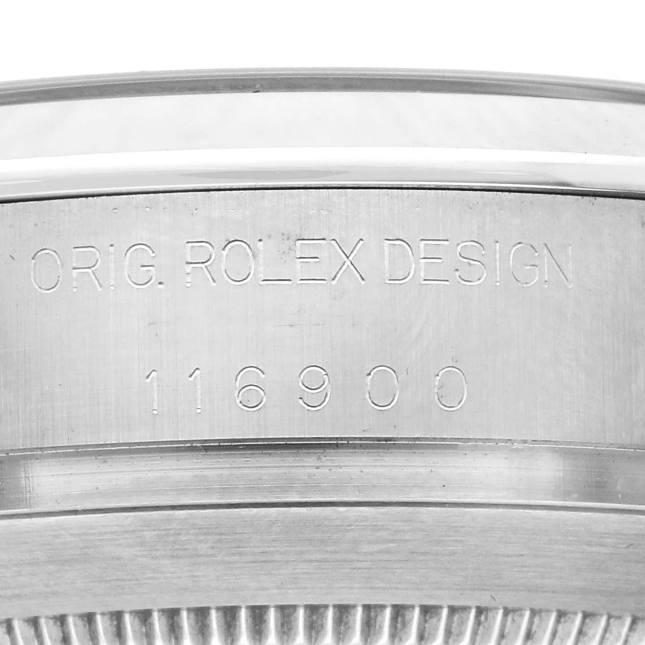 This image shows the side engraving on the case of a Rolex Air-King 116900 Men's Stainless Steel Black Dial 116900 Men's Stainless Steel Black Dial watch, model number 116900.