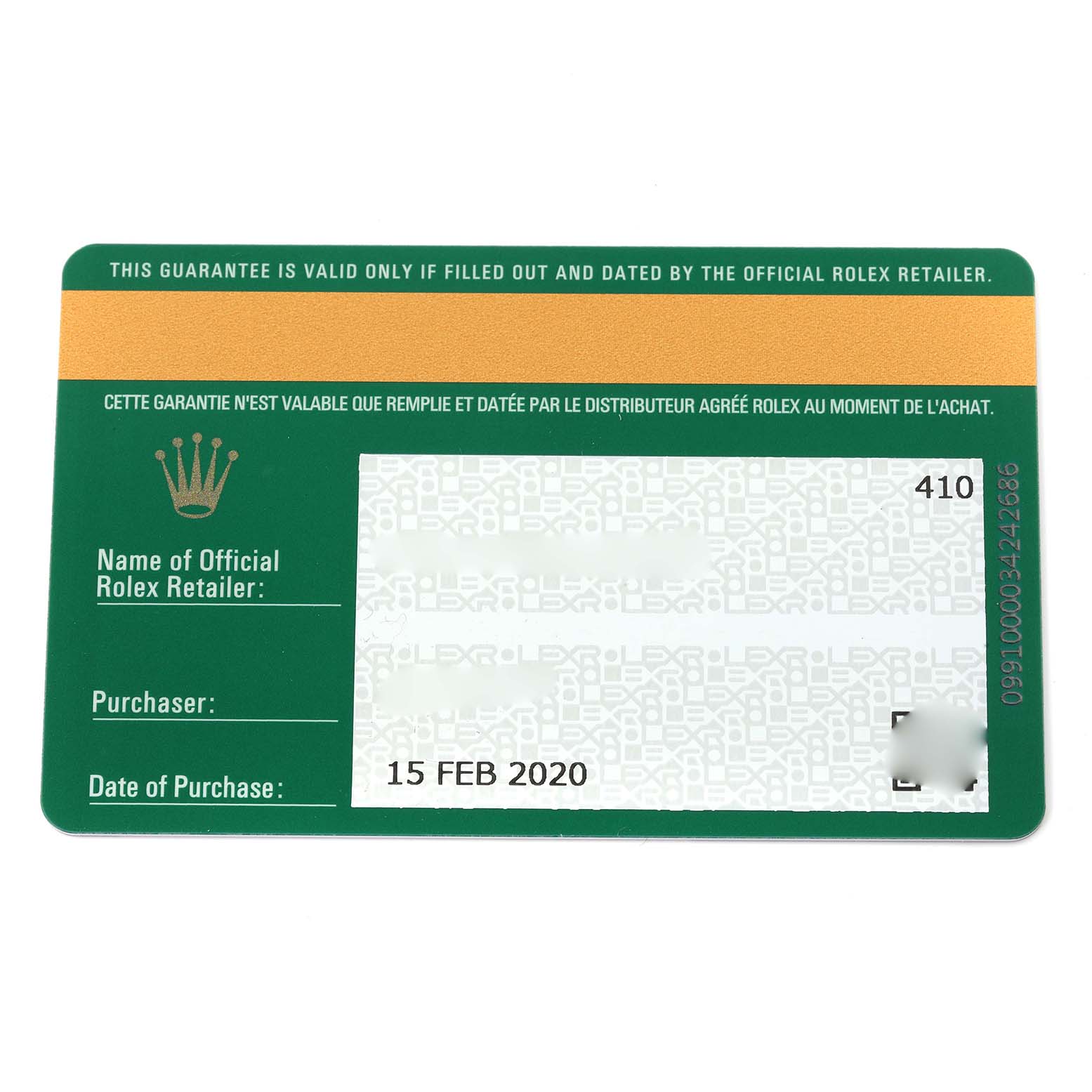 The image shows a warranty card for the Rolex Air-King 116900 Men's Stainless Steel Black Dial 116900 Men's Stainless Steel Black Dial watch, with visible date and blank purchaser fields.