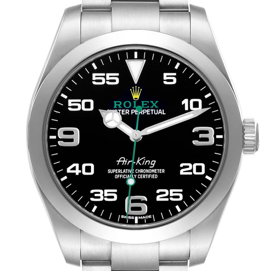 The image shows a frontal view of the Rolex Air-King, highlighting the face, bezel, and part of the bracelet.