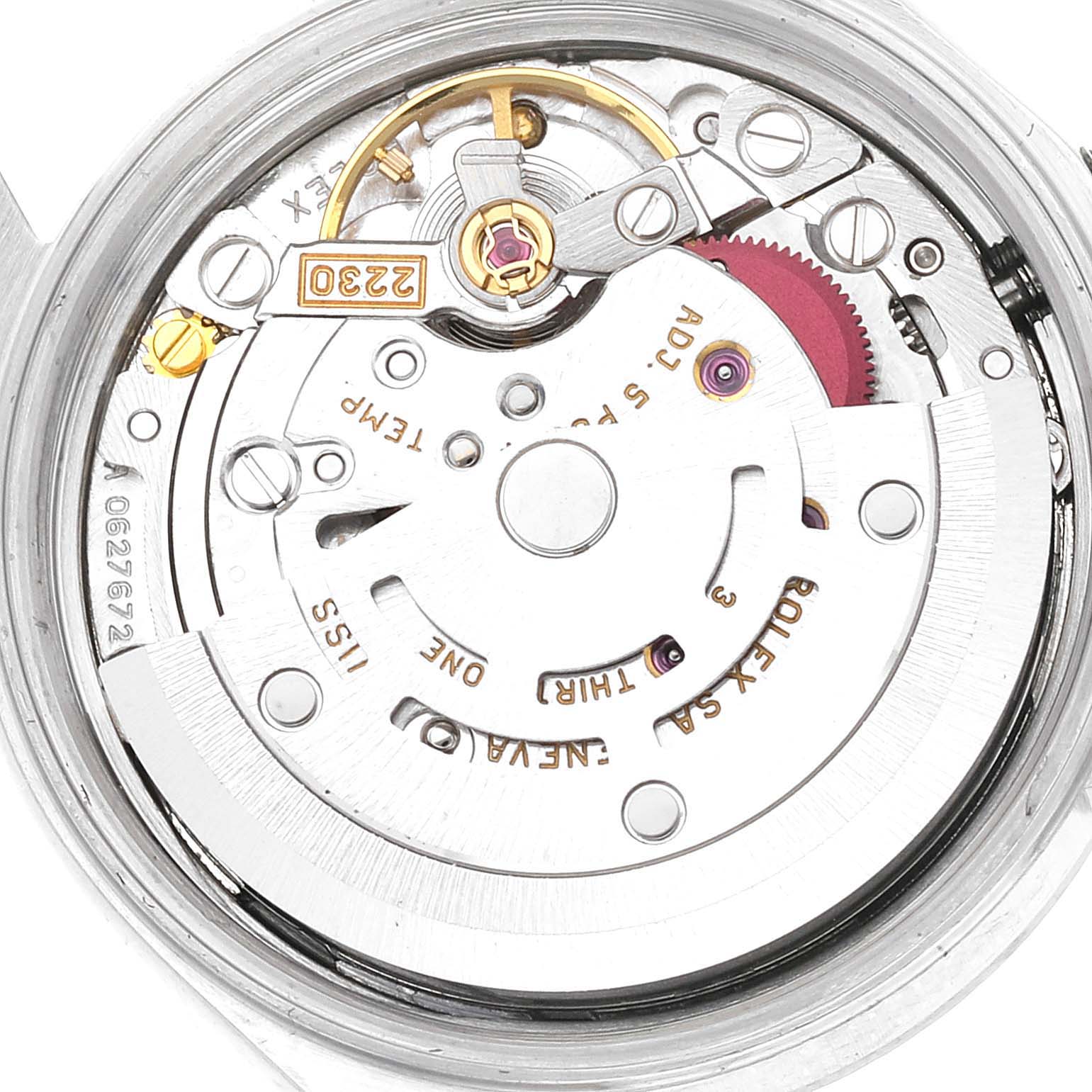 This image shows the internal mechanism of a Rolex Oyster Perpetual 76094 Women's Stainless Steel Blue Dial 76094 Women's Stainless Steel Blue Dial watch from a top-down angle.