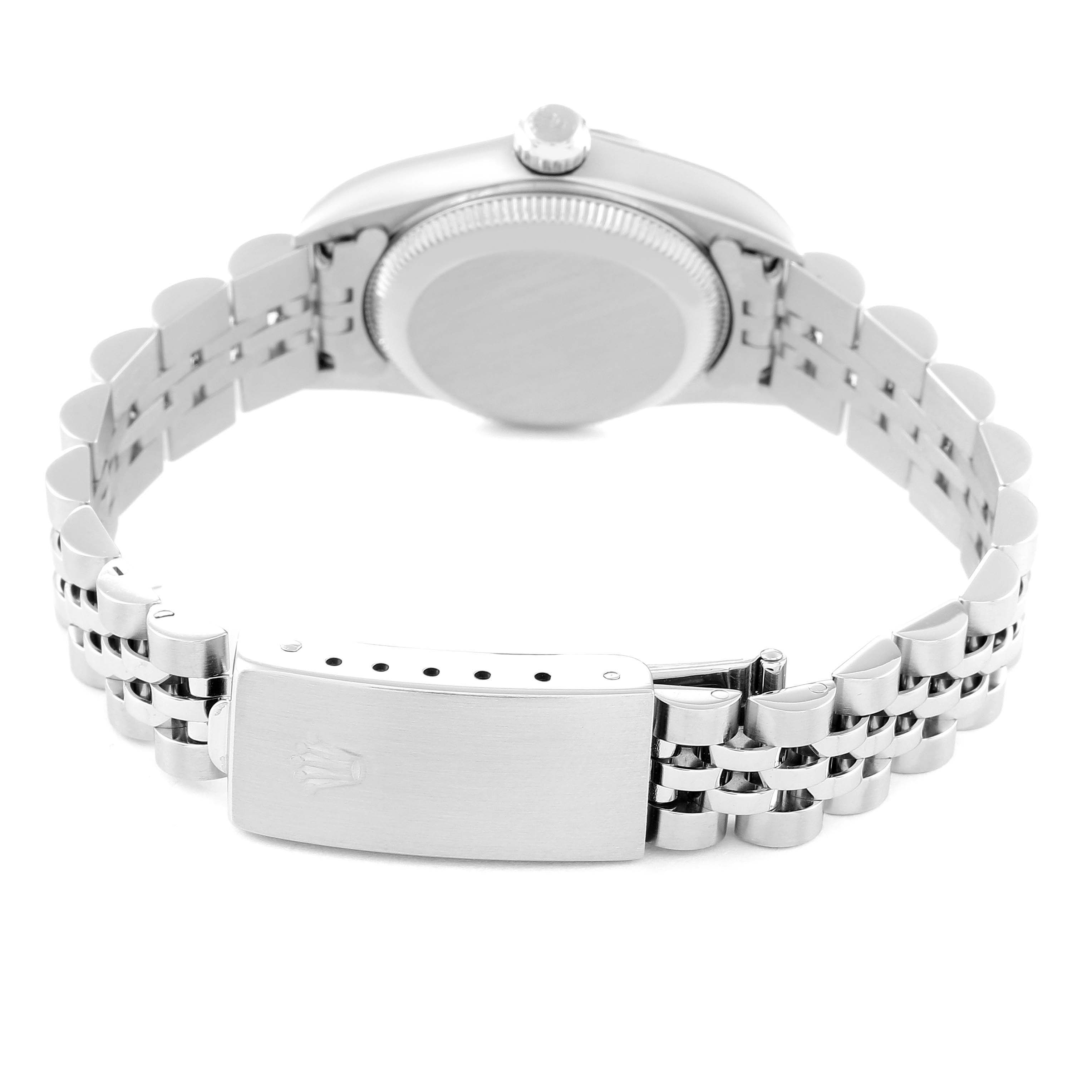 The image shows the back view of a Rolex Oyster Perpetual 76094 Women's Stainless Steel Blue Dial 76094 Women's Stainless Steel Blue Dial watch, highlighting its case back, crown, and bracelet with a clasp.