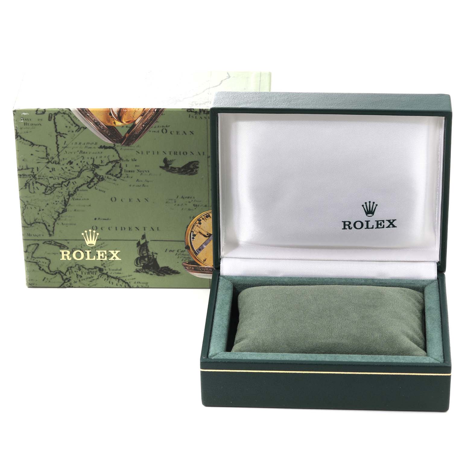 The image shows an empty green Rolex Oyster Perpetual 76094 Women's Stainless Steel Blue Dial 76094 Women's Stainless Steel Blue Dial watch box with its lid open, alongside an outer packaging box.