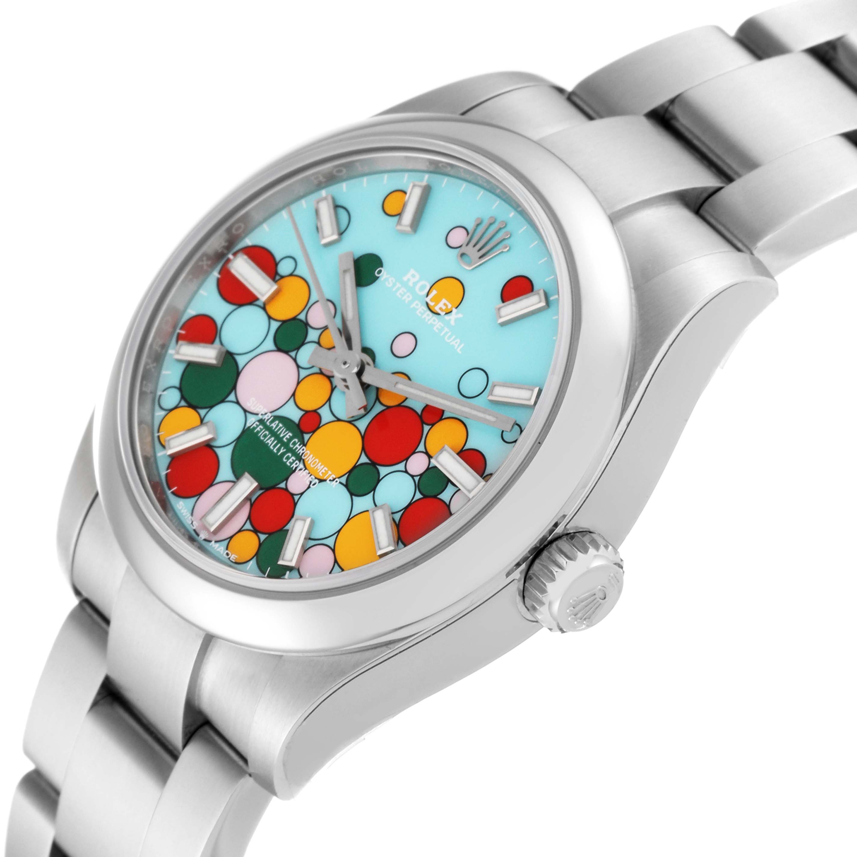 The Rolex Mid-Size 277200 Women
s Stainless Steel Blue Dial 277200 Women
s Stainless Steel Blue Dial model is shown at a slight angle, highlighting the colorful dial, crown, and part of the bracelet.