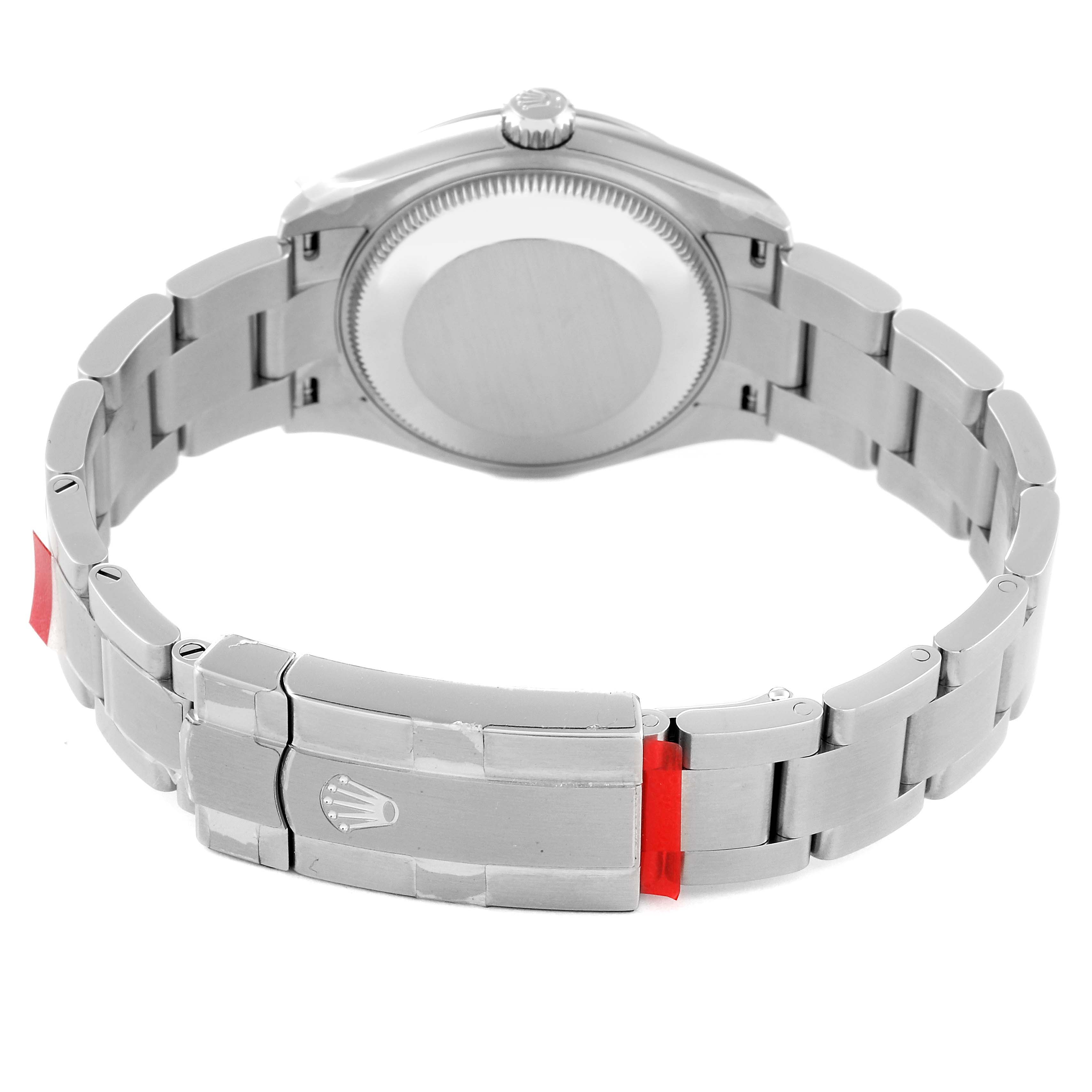 This image shows the back and clasp of a Rolex Mid-Size 277200 Women
s Stainless Steel Blue Dial 277200 Women
s Stainless Steel Blue Dial watch, highlighting the stainless steel bracelet and closed case back.