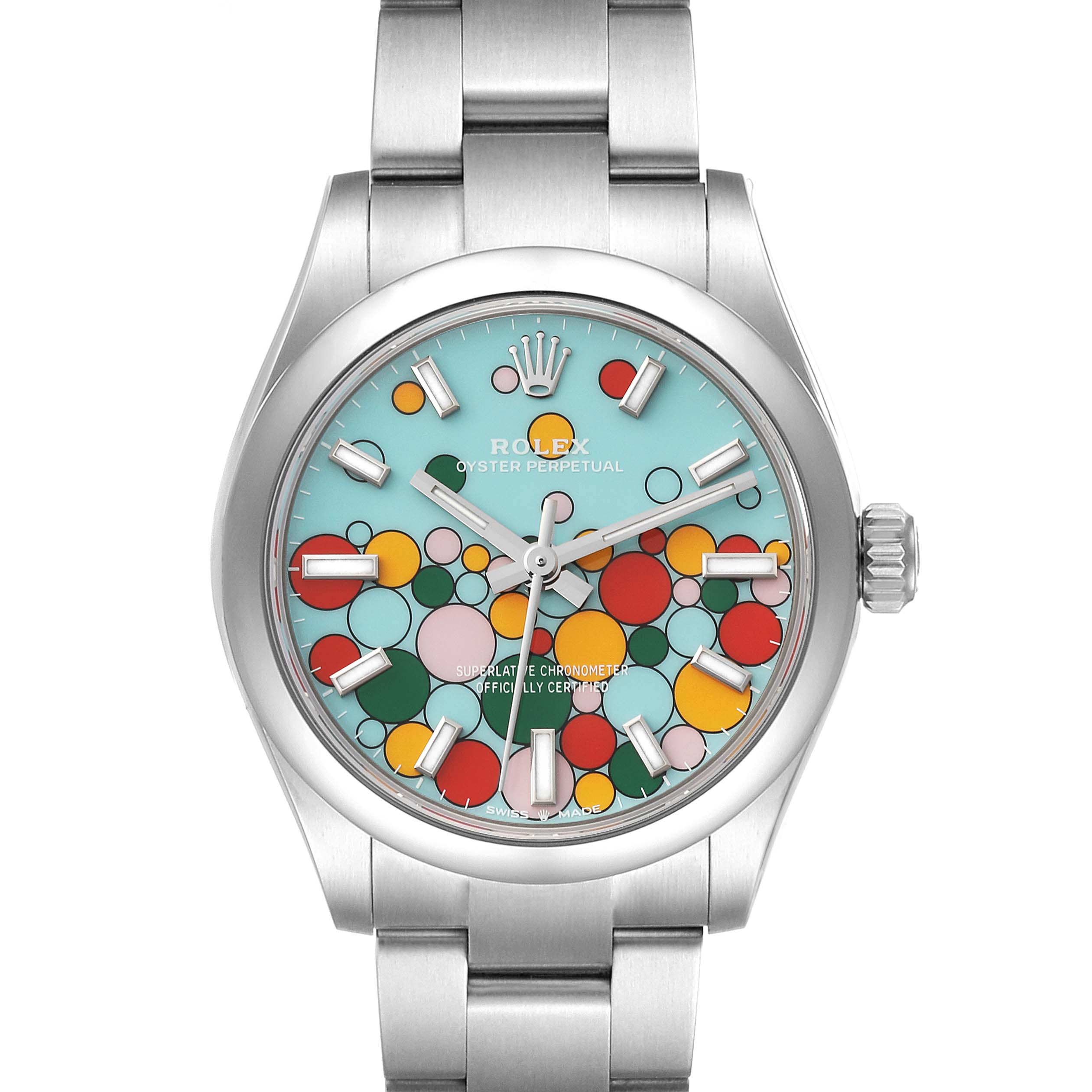 This is a front view of a Rolex Oyster Perpetual Mid-Size watch, showing the dial, bracelet, and crown.